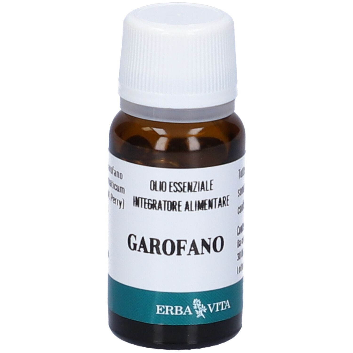 Flacone in vetro marrone con tappo bianco. Etichetta con nome GAROFANO, olio, e logo. Marchio: Erba Vita.