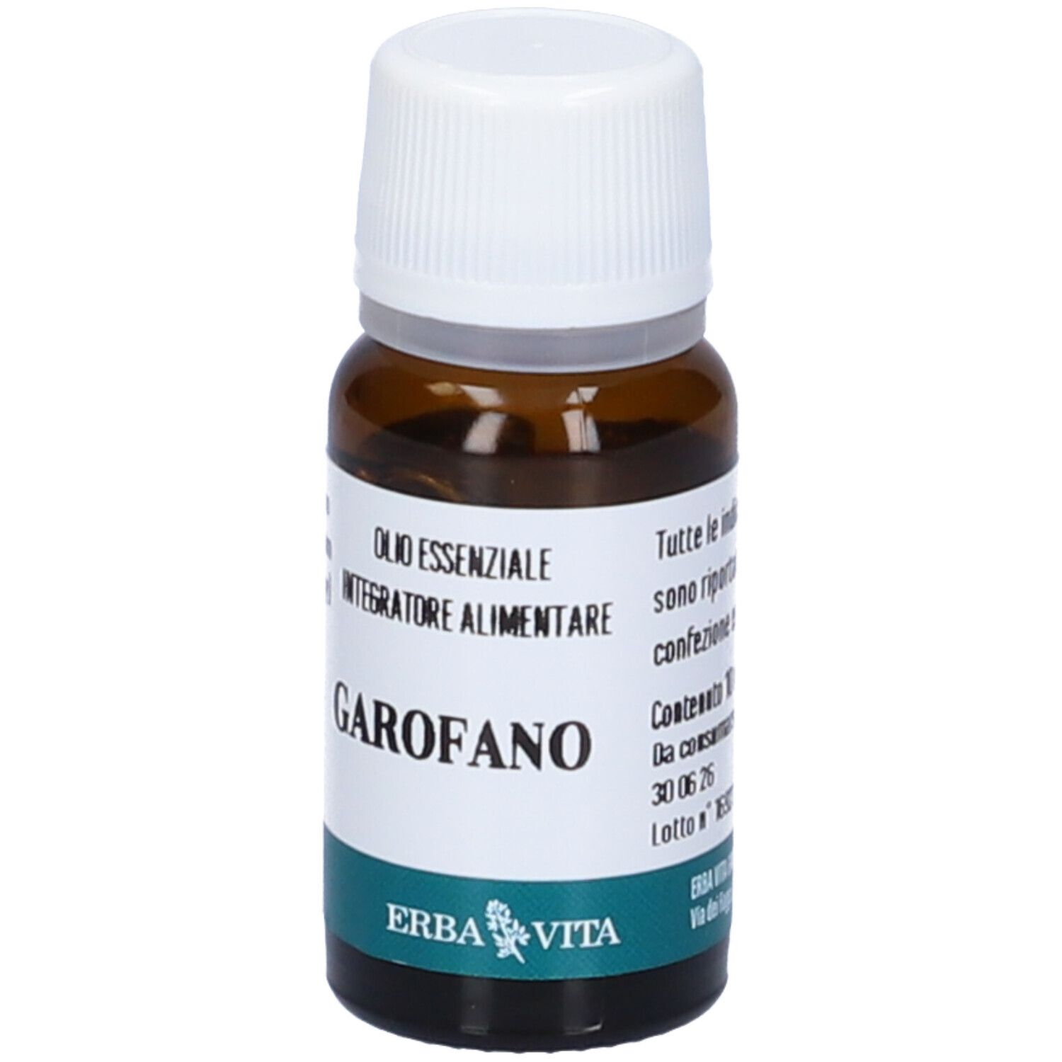 Flacone in vetro marrone con tappo bianco. Etichetta con nome GAROFANO, olio, e logo. Marchio: Erba Vita.