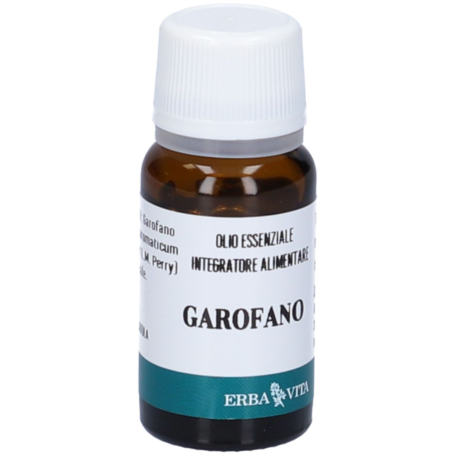 Flacone in vetro marrone con tappo bianco. Etichetta con nome GAROFANO, olio, e logo. Marchio: Erba Vita.