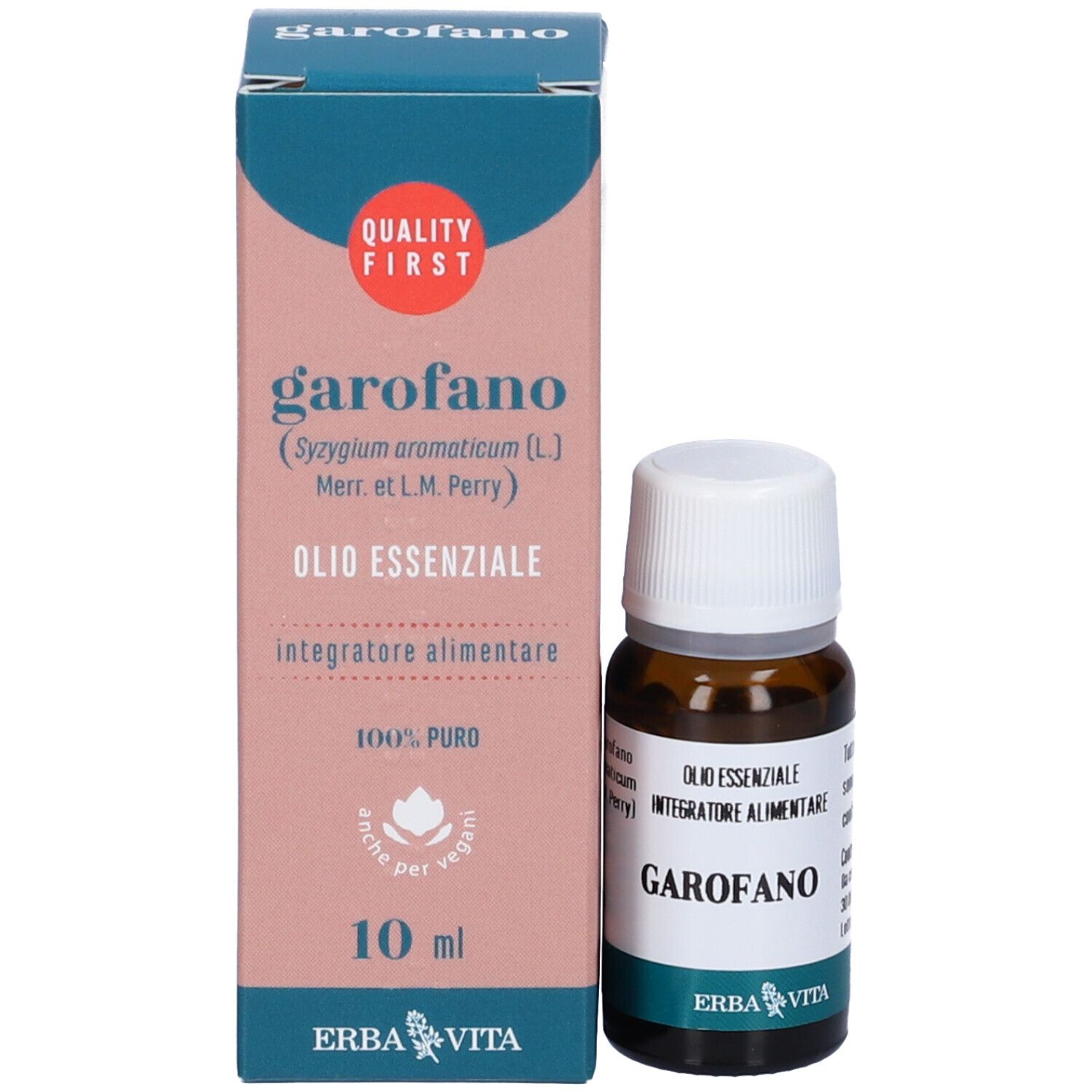 Confezione prodotto con flacone e scatola. Scatola con nome GAROFANO, olio, e logo. Marchio: Erba Vita.