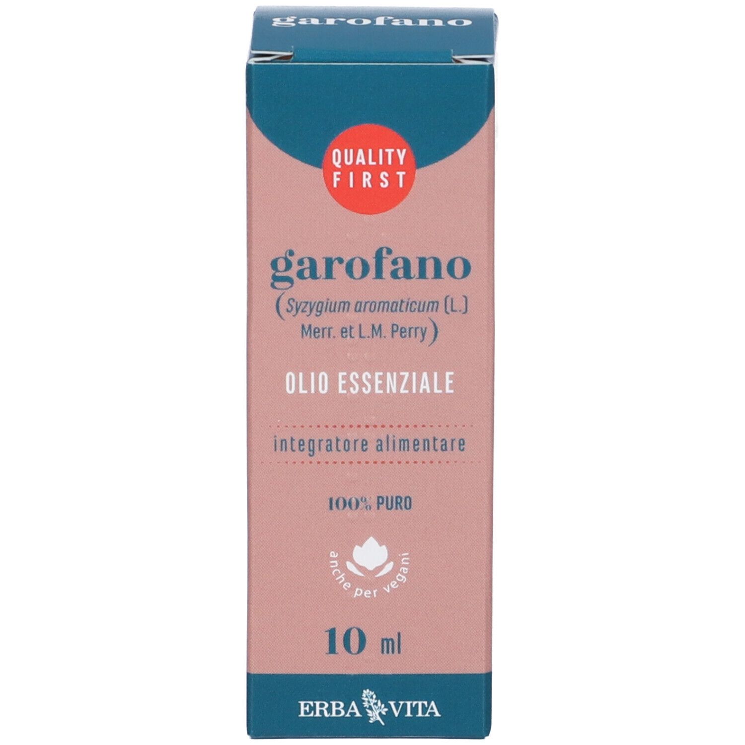 Confezione prodotto con scatola. Scatola con nome GAROFANO, olio, e logo. Marchio: Erba Vita.