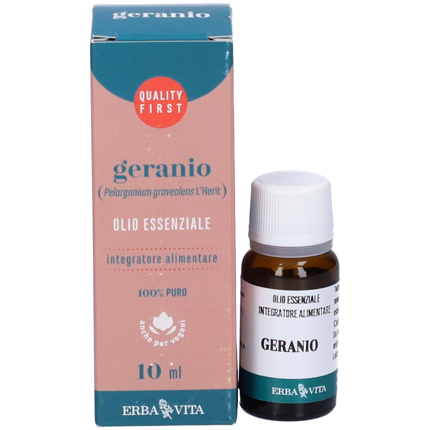 Geranio-Produktverpackung. Flasche und Karton. Text: Geranio, Olio Essenziale, 10 ml, Erba Vita Logo.