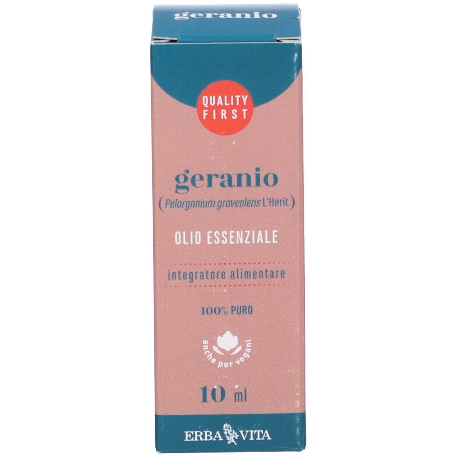 Geranio-Produktverpackung. Flasche und Karton. Text: Geranio, Olio Essenziale, 10 ml, Erba Vita Logo.