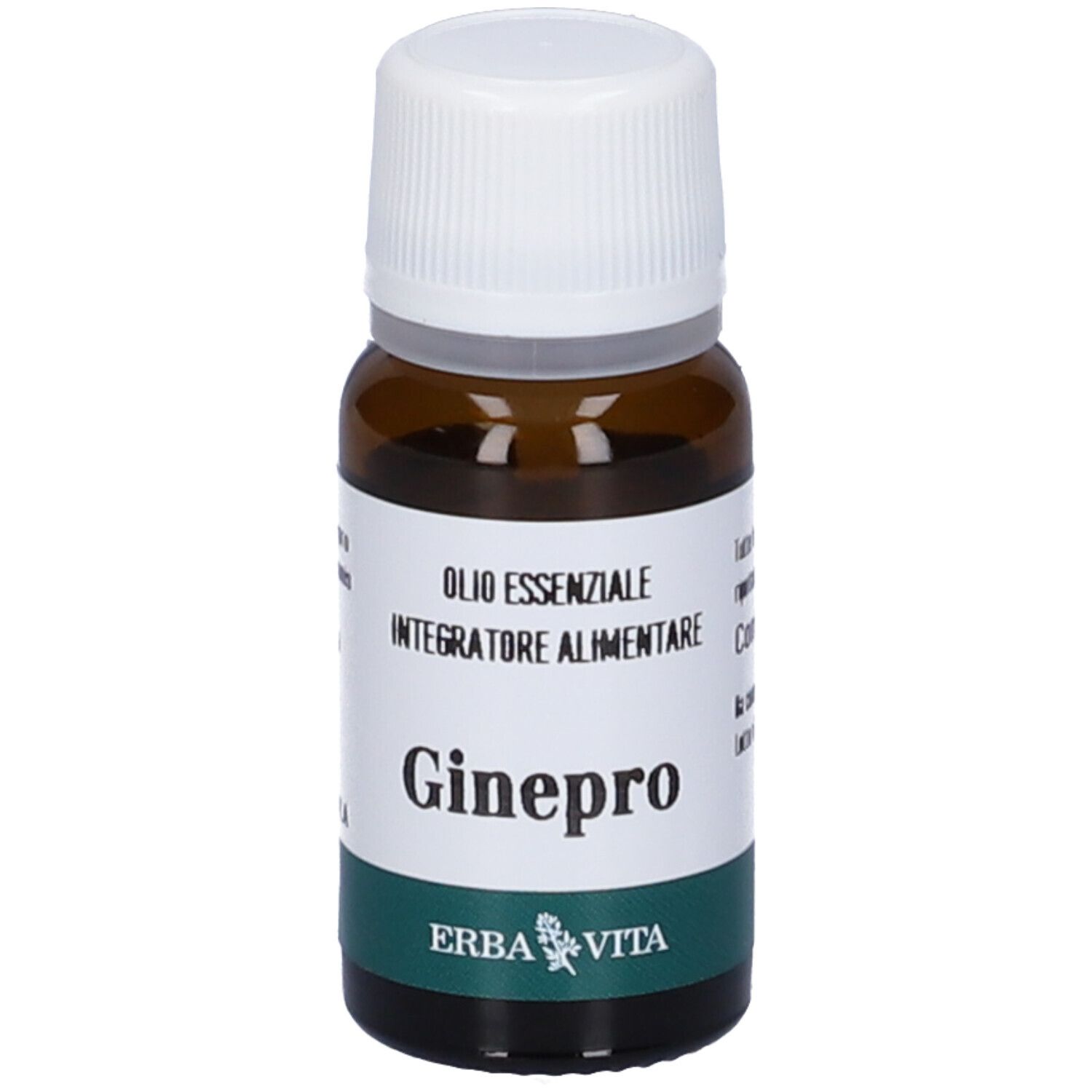 Braune Glasflasche mit weißem Schraubverschluss. Etikett mit "Ginepro", "Olio Essenziale", "Integratore Alimentare" und "Erba Vita".