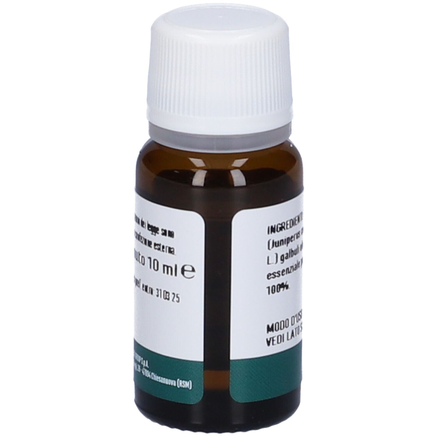 Braune Glasflasche mit weißem Schraubverschluss, 10 ml. Etikett mit Inhaltsstoffen und Haltbarkeitsdatum.