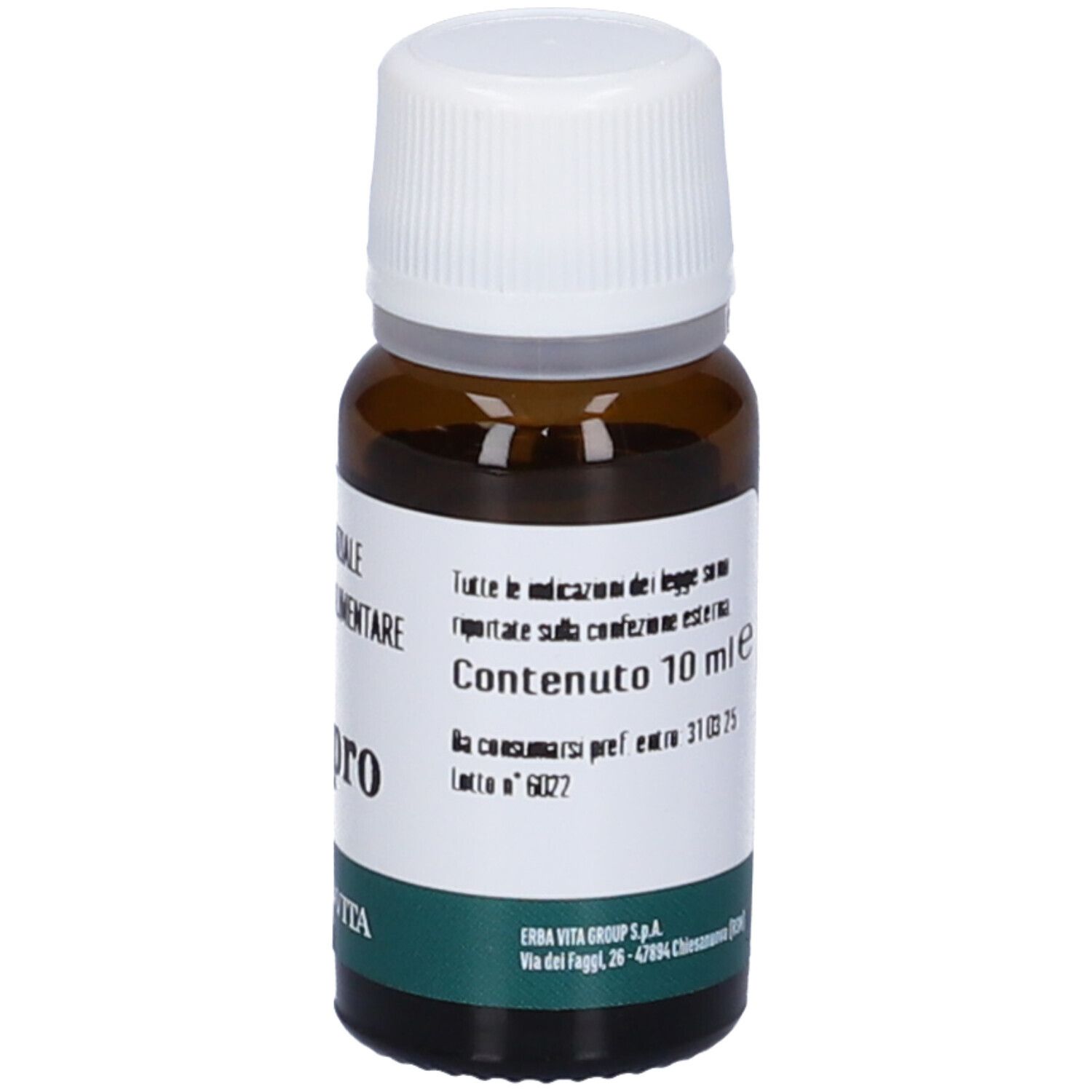 Braune Glasflasche mit weißem Schraubverschluss, 10 ml Inhalt.