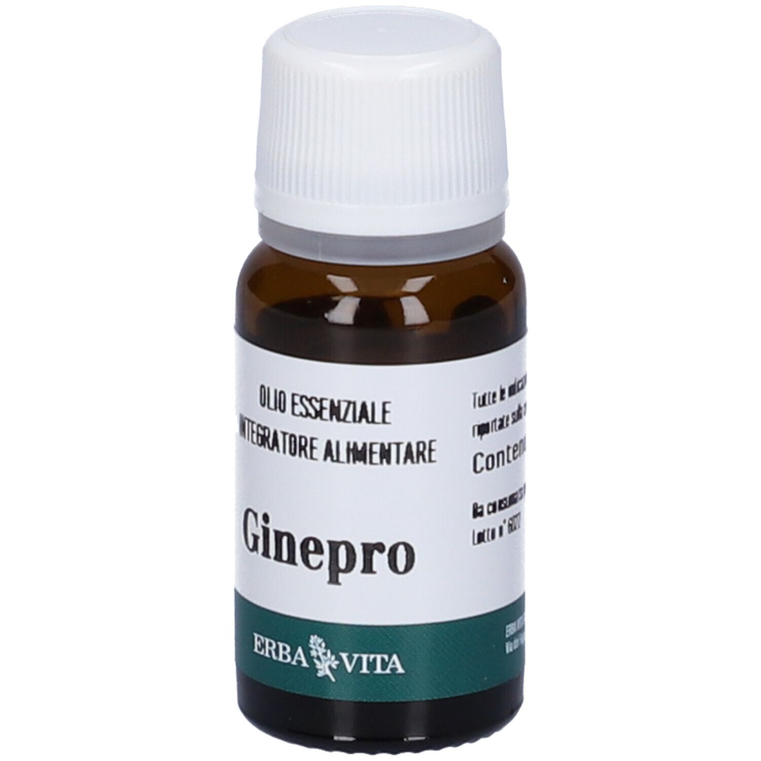 Braune Glasflasche mit weißem Schraubverschluss. Etikett mit "Ginepro", "Olio Essenziale", "Integratore Alimentare" und "Erba Vita".