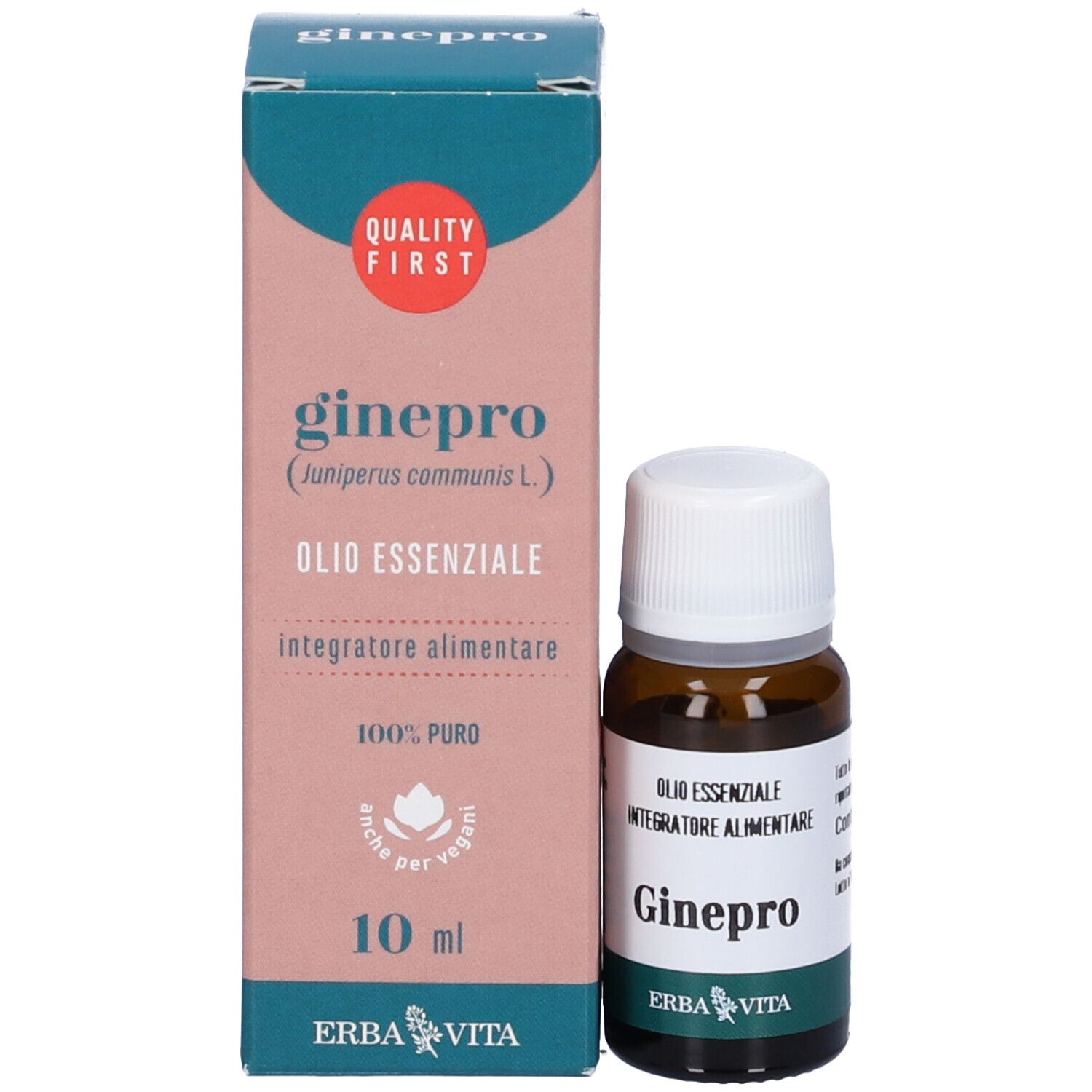 Ginepro ätherisches Öl, 10 ml Flasche und Verpackung. Erba Vita Marke.