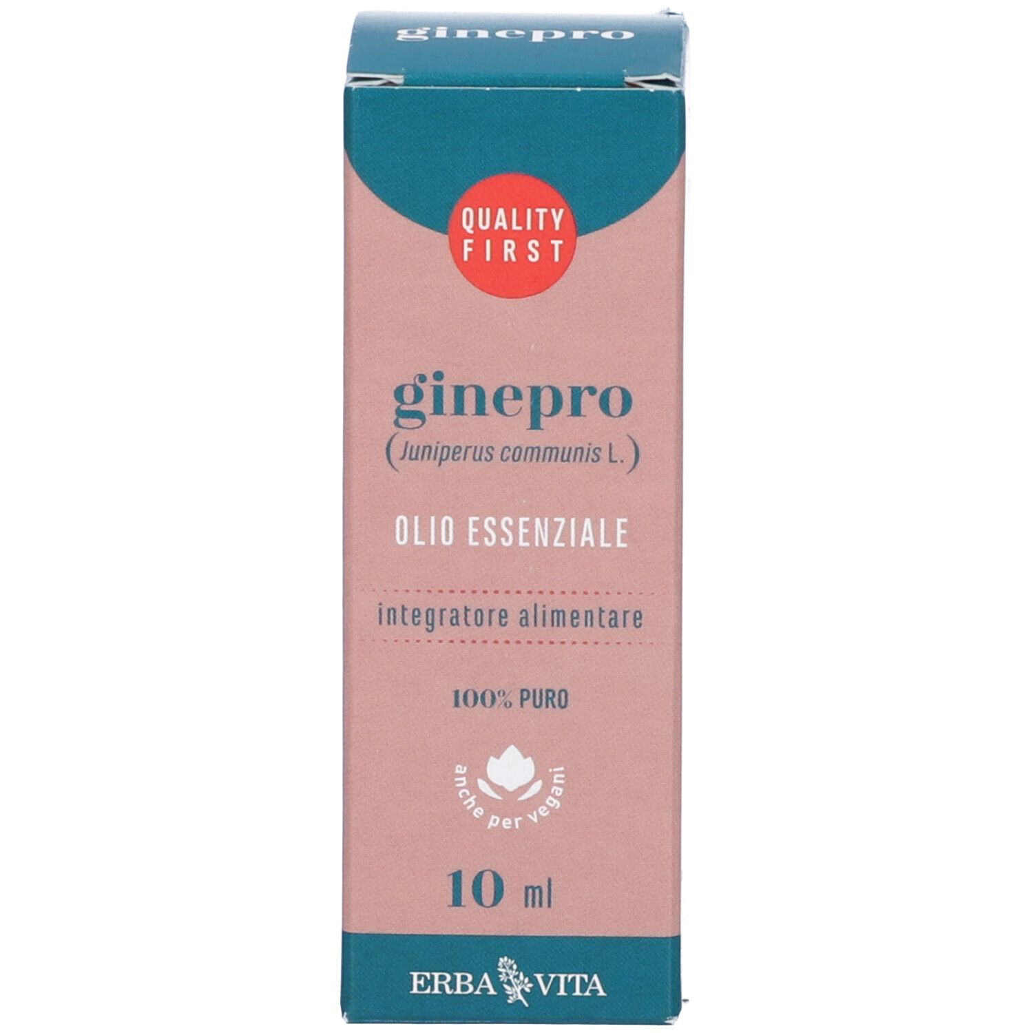 Verpackung für Ginepro ätherisches Öl, 10 ml. Enthält Juniperus communis L. Erba Vita Marke.