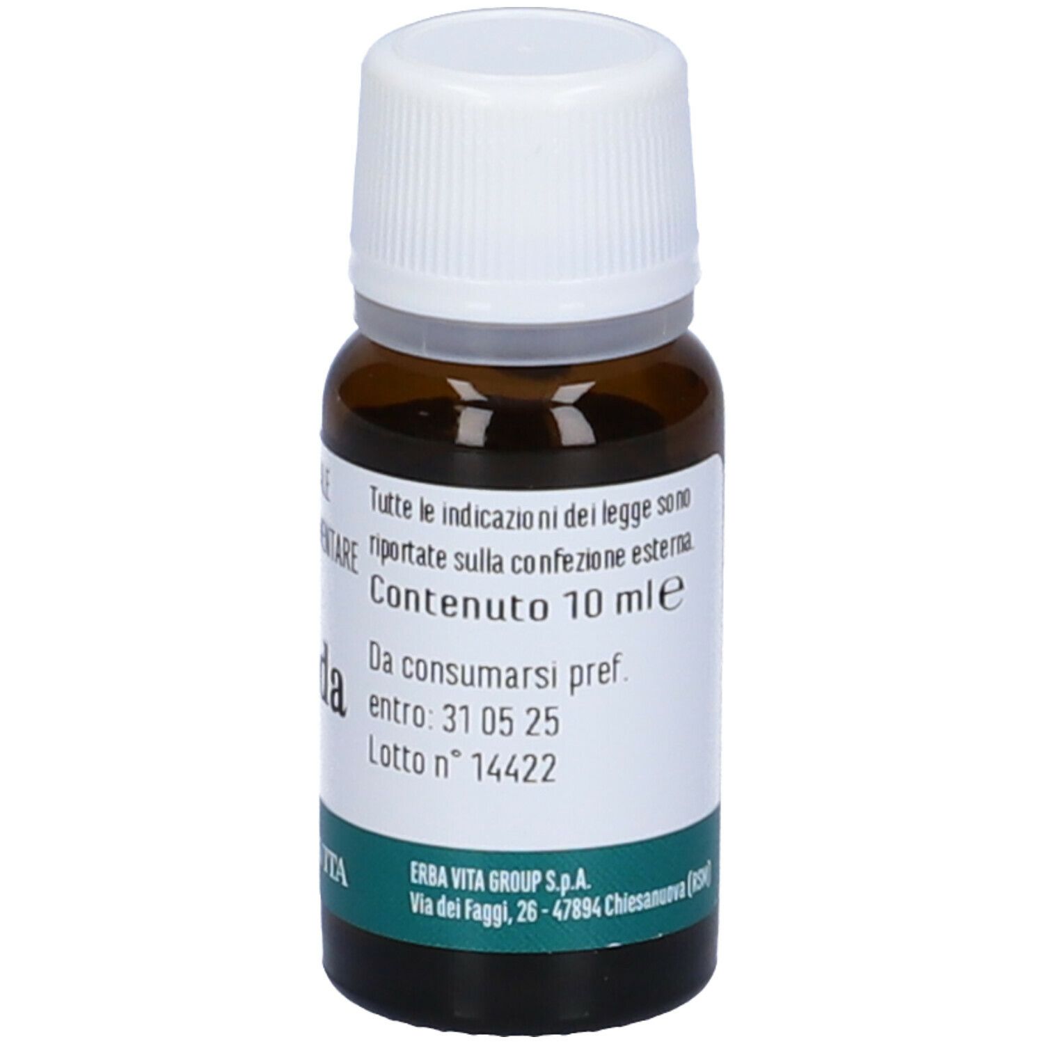 Braune Glasflasche mit weißem Verschluss und Lavendel-Etikett. Produktinformationen, 10 ml Inhalt.