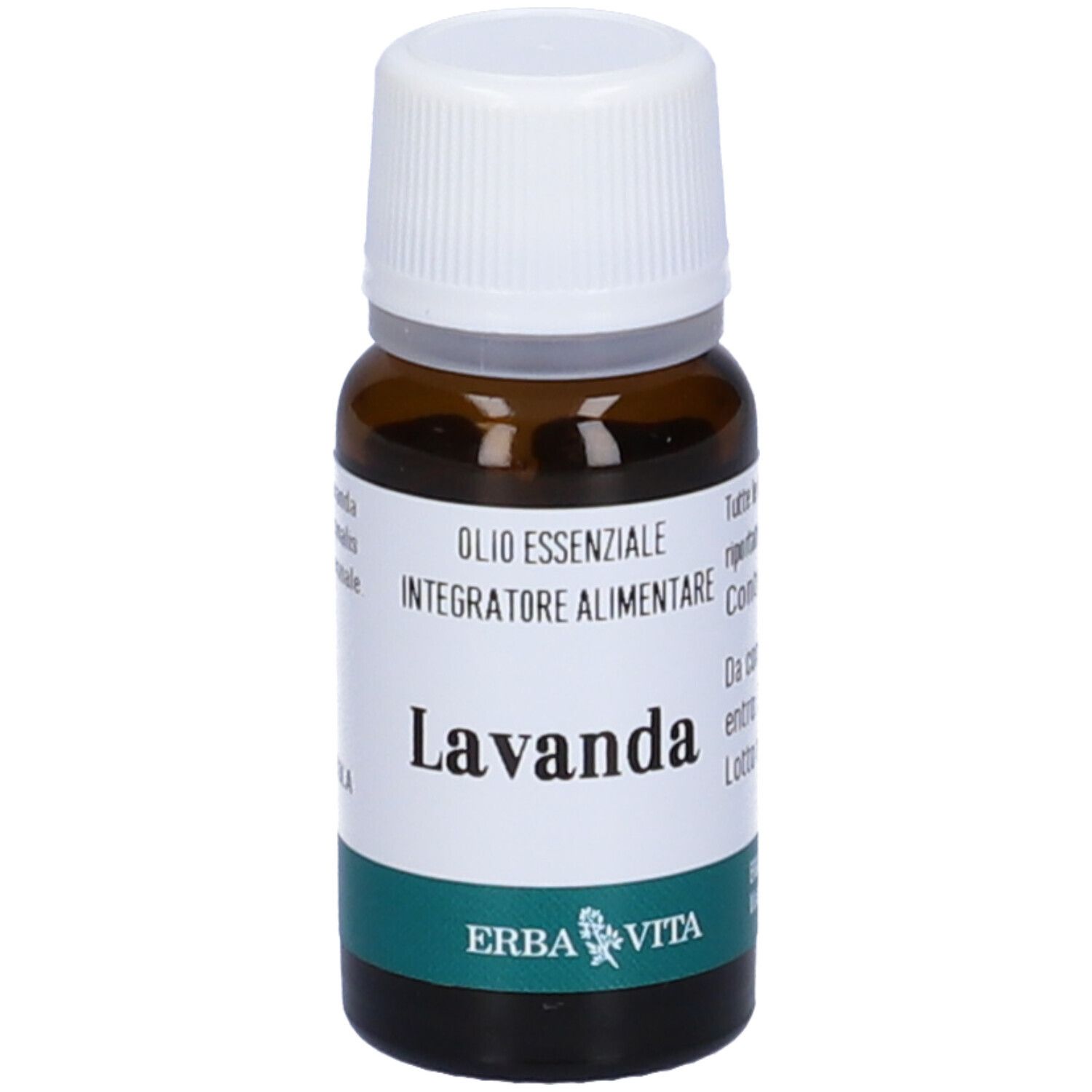 Braune Glasflasche mit weißem Verschluss und Lavendel-Etikett. Lavanda-Schriftzug und Erba Vita Logo.