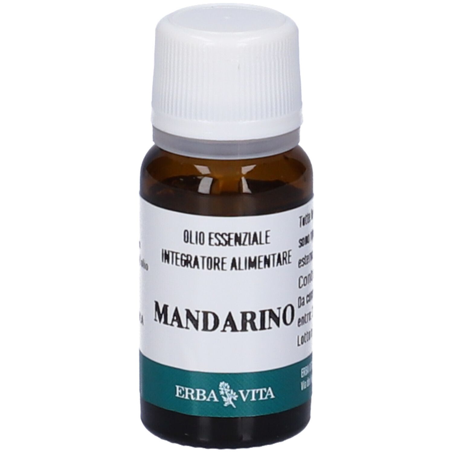 Flacone in vetro marrone con tappo bianco. Etichetta con testo: Olio Essenziale, Mandarino. Marchio: Erba Vita.