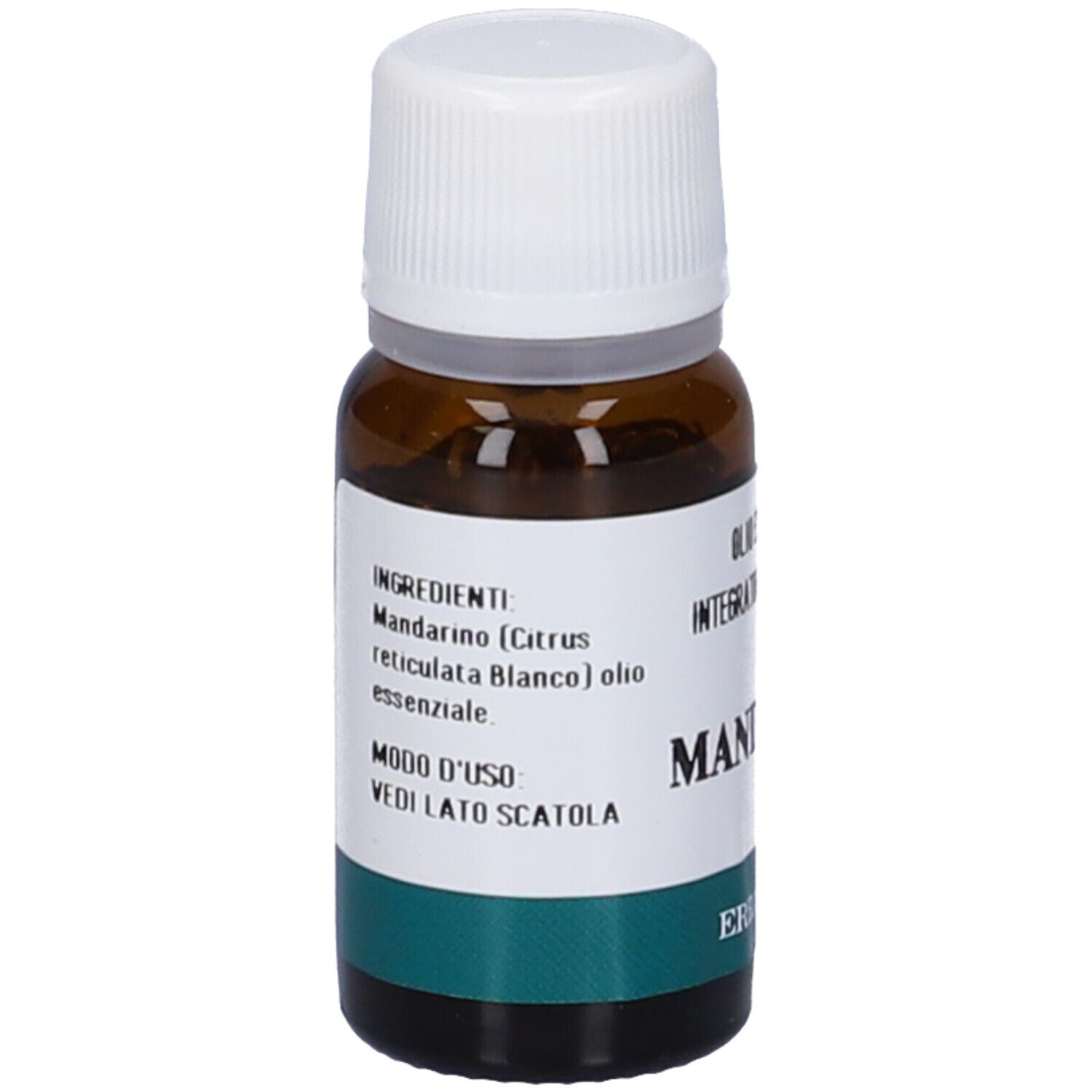 Flacone in vetro marrone con tappo bianco. Etichetta con testo: Ingredienti, Mandarino, Olio Essenziale. Marchio: Erba Vita.