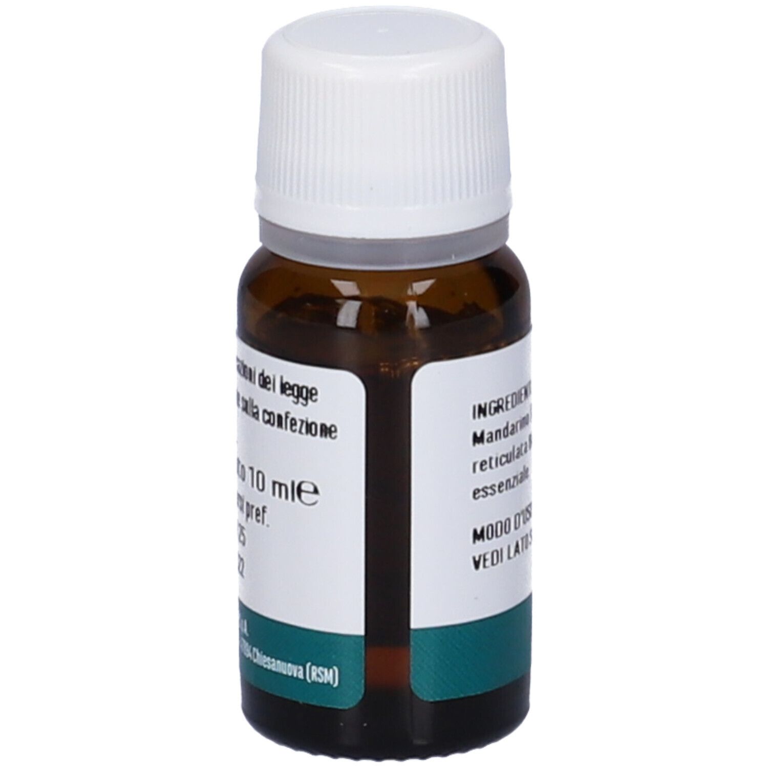 Flacone in vetro marrone con tappo bianco. Etichetta con testo: Contenuto 10 ml, Da consumarsi preferibilmente entro. Marchio: Erba Vita.