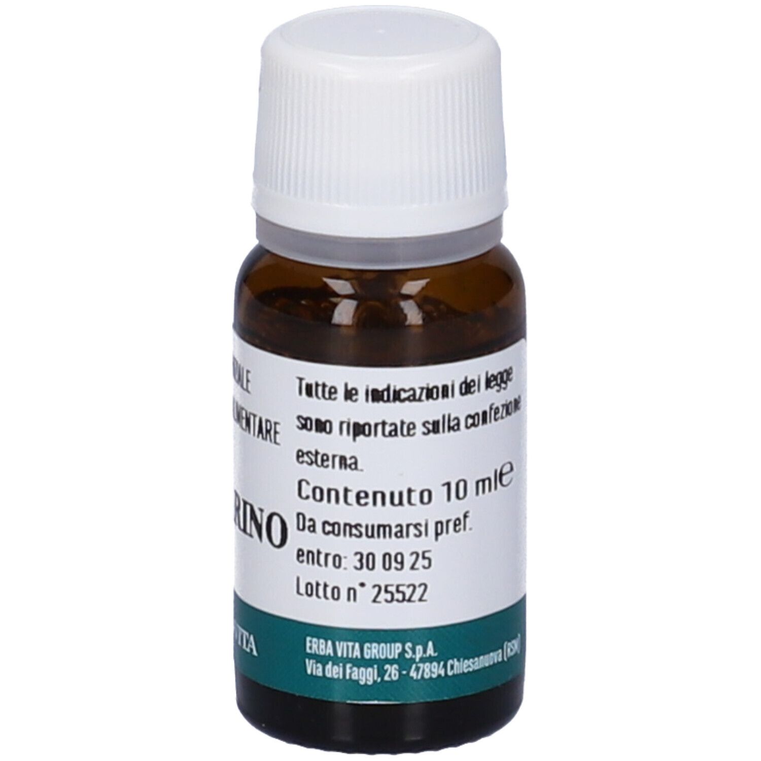 Flacone in vetro marrone con tappo bianco. Etichetta con testo: Contenuto 10 ml, Da consumarsi preferibilmente entro. Marchio: Erba Vita.