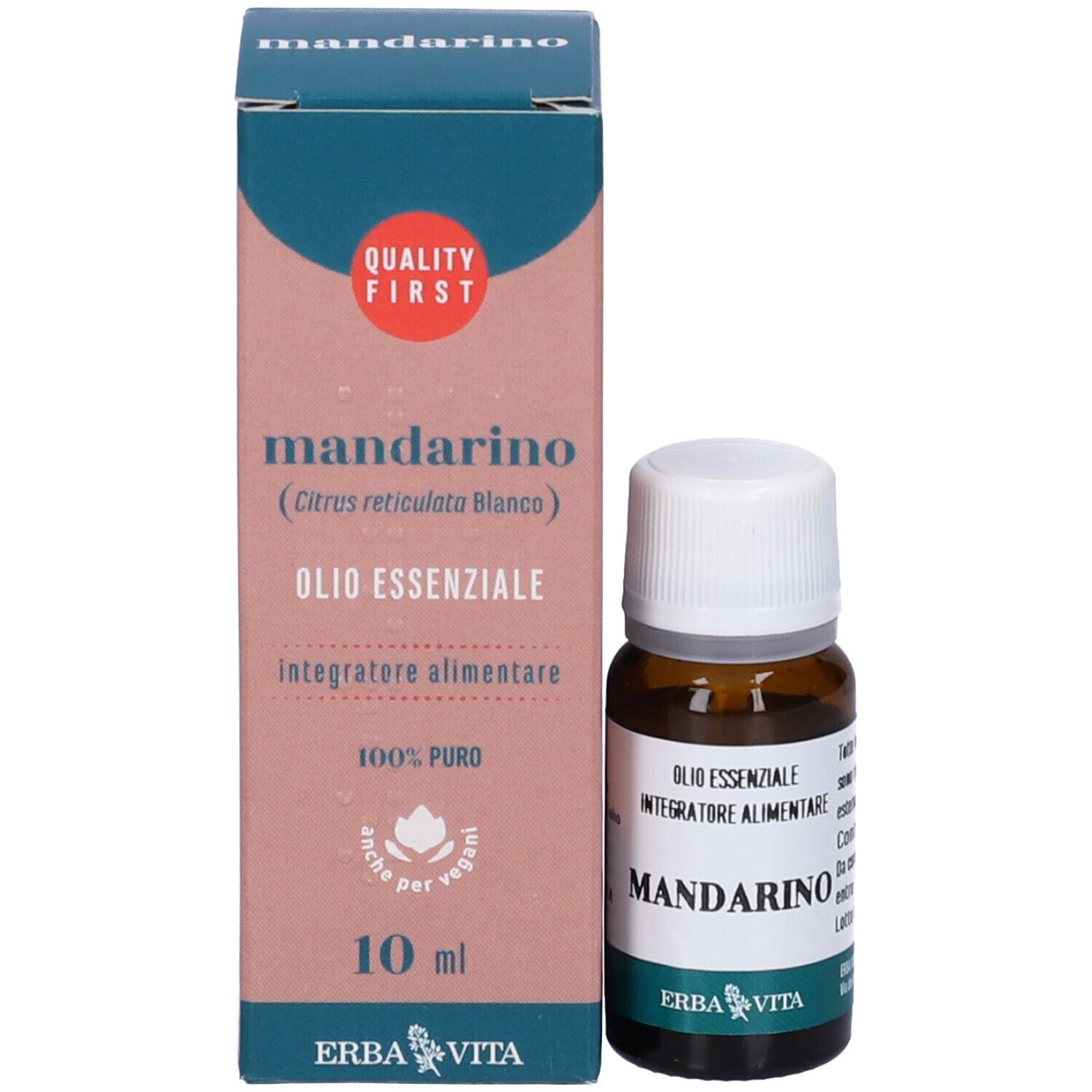 Confezione e flacone. Confezione con testo: Mandarino, Olio Essenziale, 10 ml. Marchio: Erba Vita.