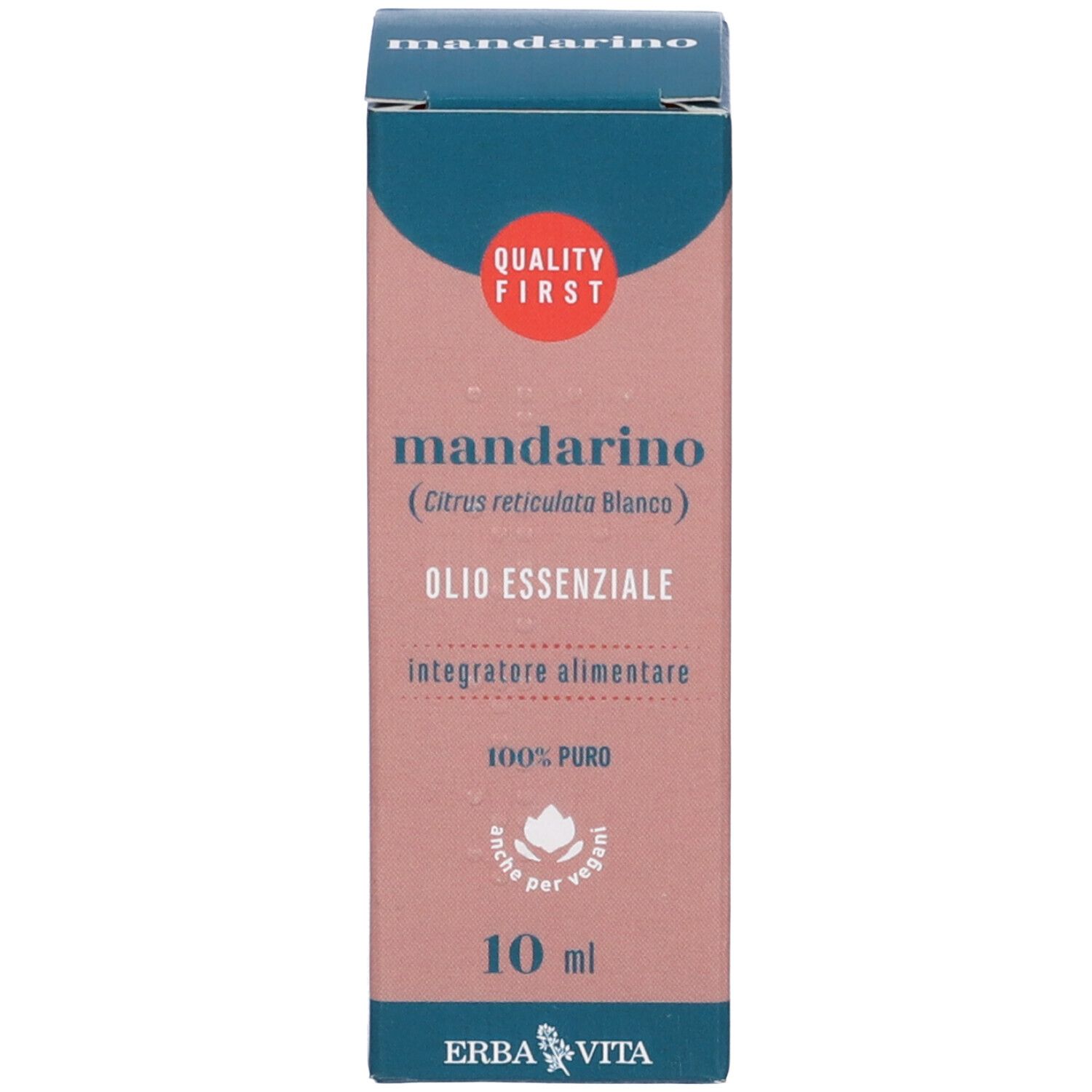 Confezione e flacone. Confezione con testo: Mandarino, Olio Essenziale, 10 ml. Marchio: Erba Vita.