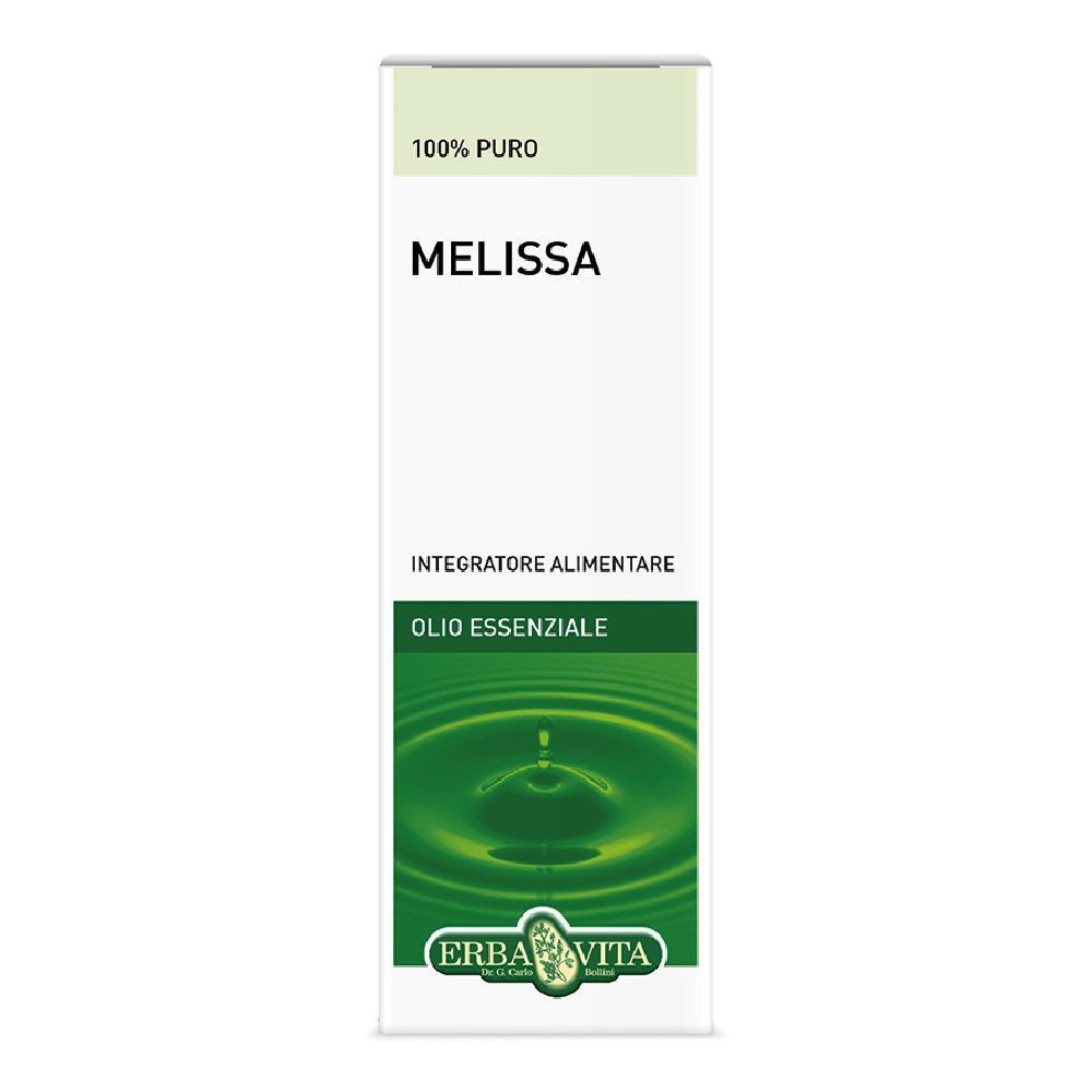 Confezione con scritta "MELISSA" e "Olio Essenziale". Logo Erba Vita. Design verde e bianco.