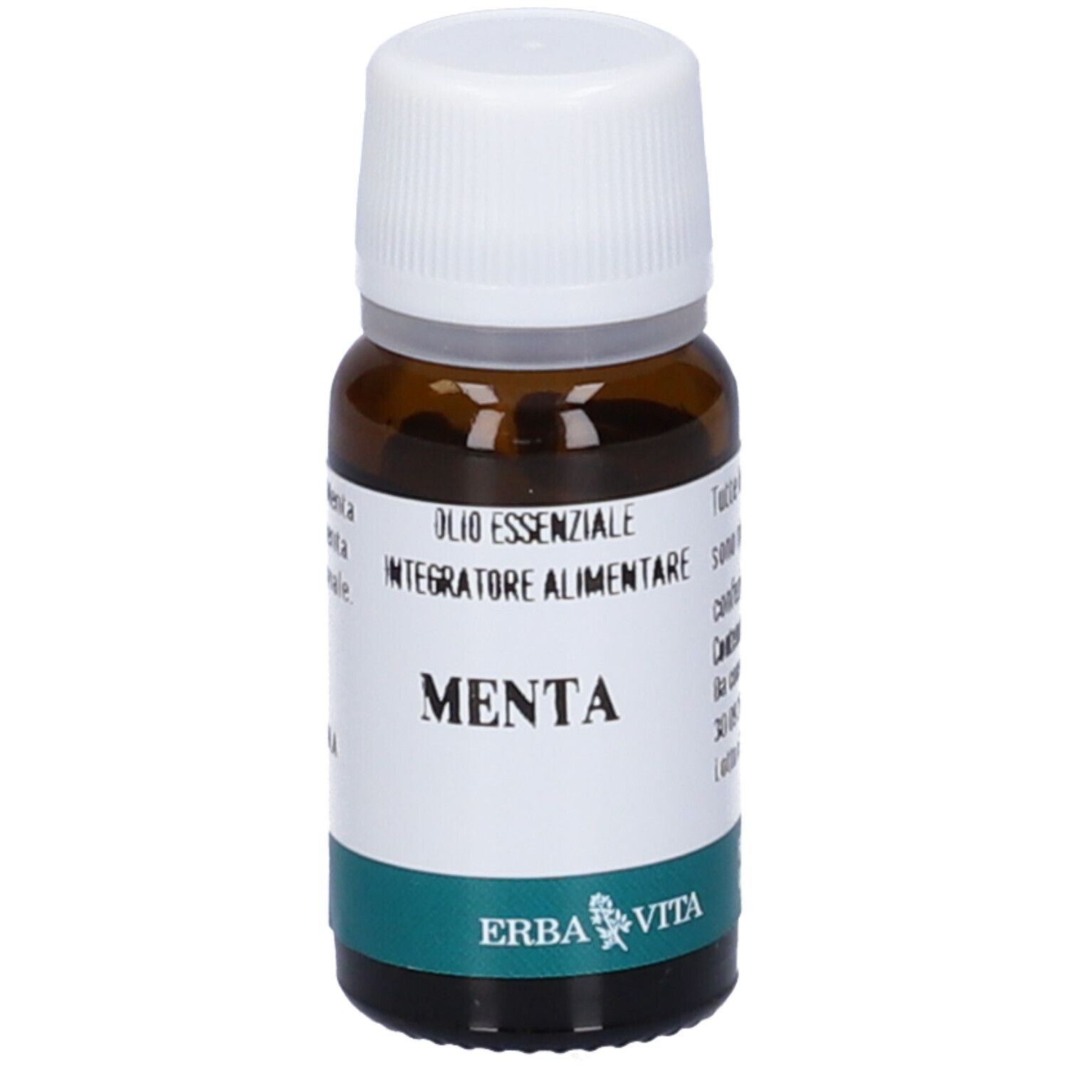 Flacone in vetro marrone con tappo bianco. Scritta: Menta, Olio Essenziale, Integratore Alimentare. Marchio: Erba Vita.