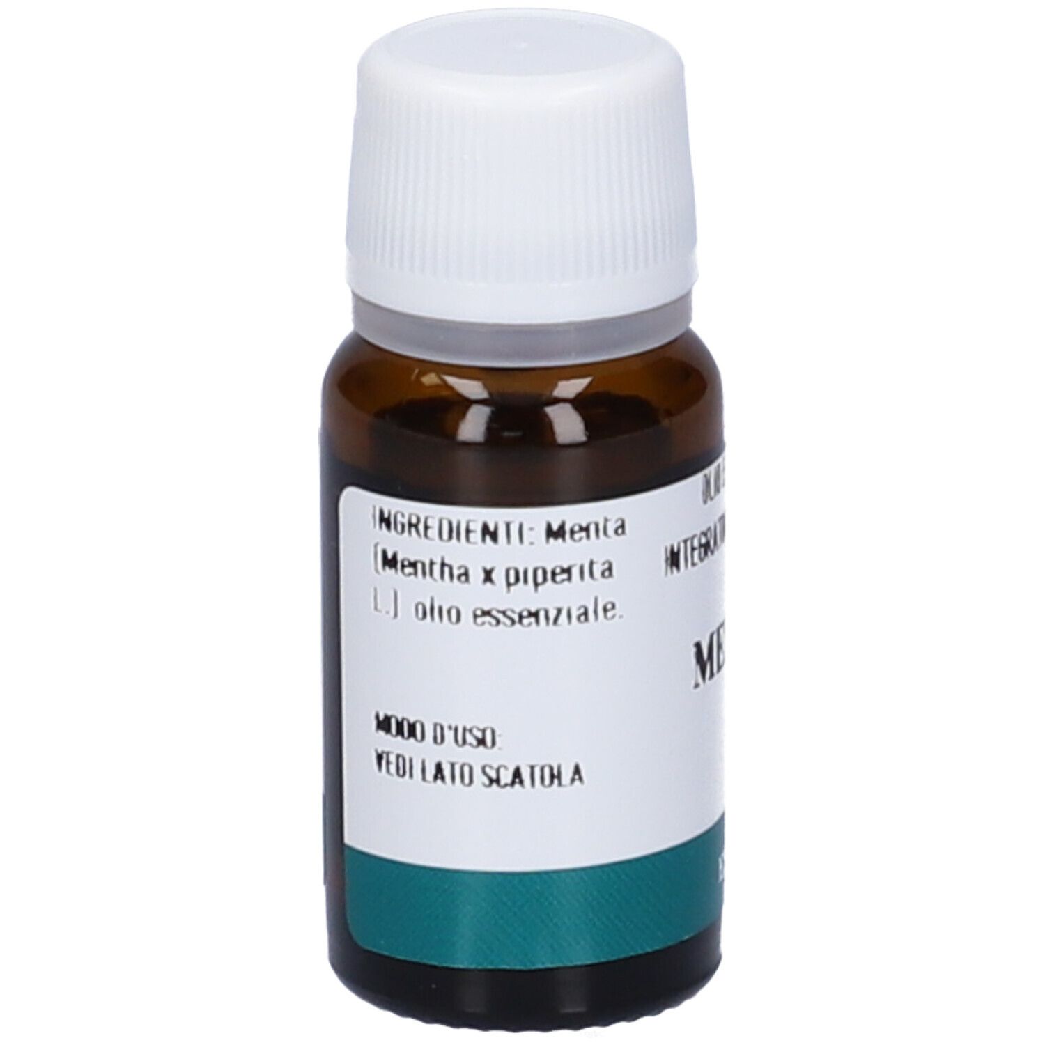 Flacone in vetro marrone con tappo bianco. Scritta: Menta, Olio Essenziale, Integratore Alimentare. Marchio: Erba Vita.