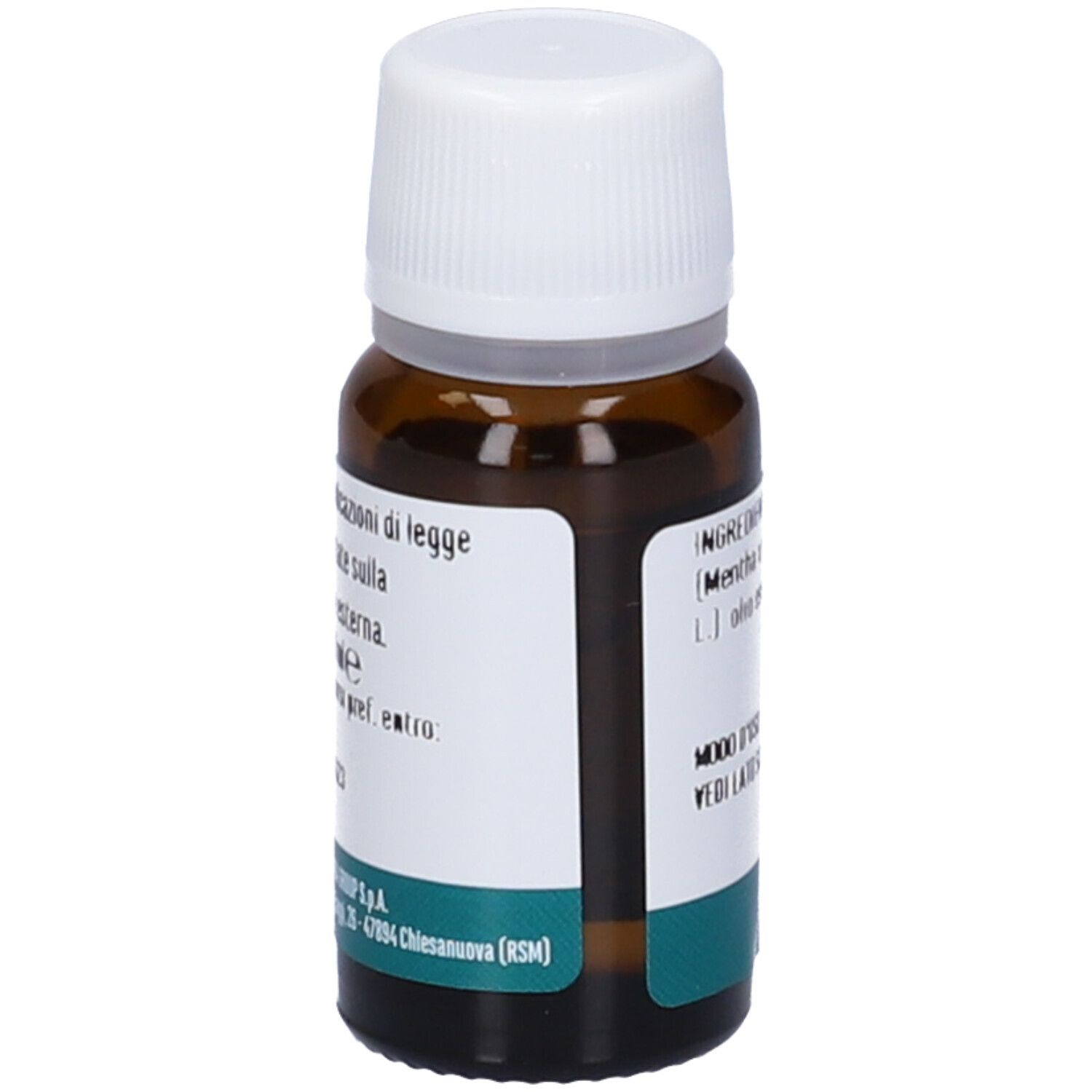 Flacone in vetro marrone con tappo bianco. Scritta: Menta, Olio Essenziale, Integratore Alimentare. Marchio: Erba Vita.