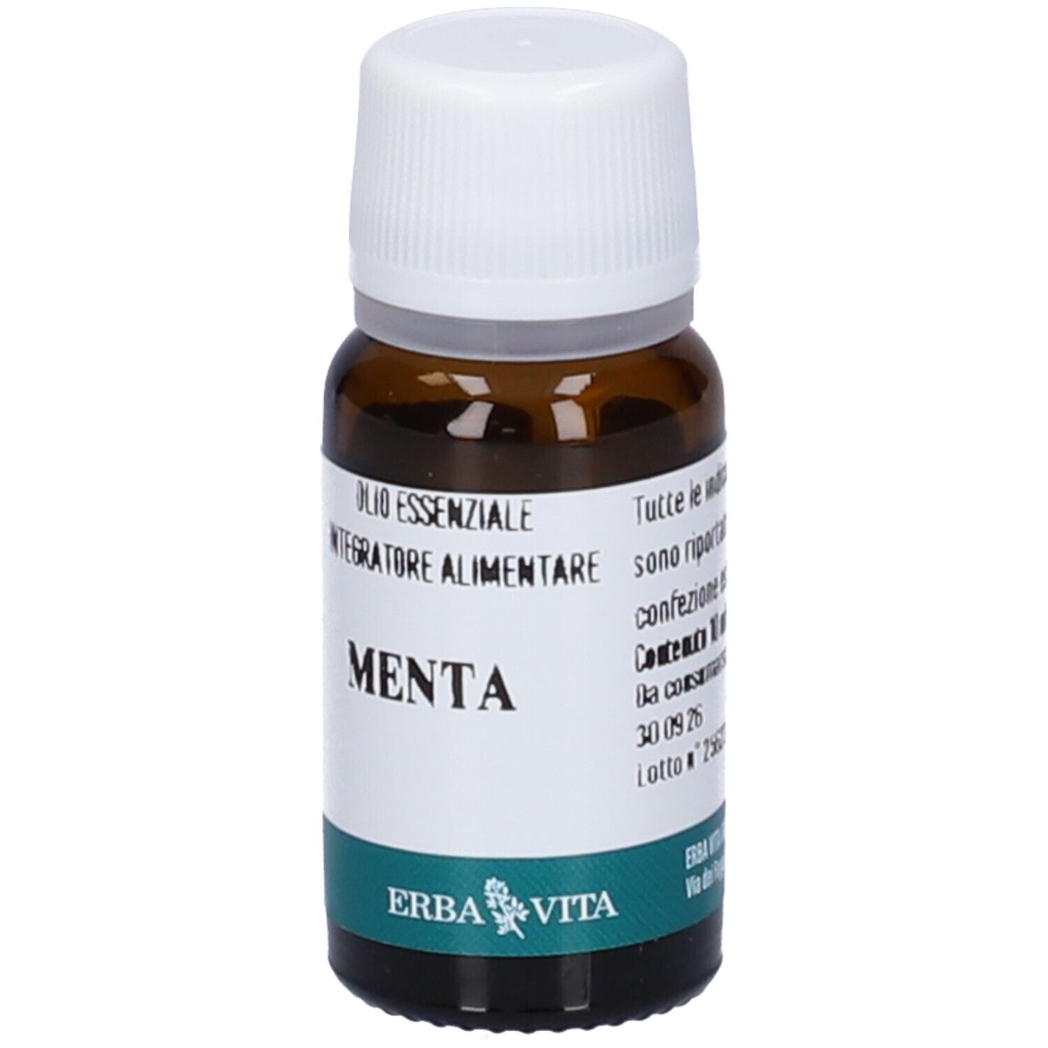 Flacone in vetro marrone con tappo bianco. Scritta: Menta, Olio Essenziale, Integratore Alimentare. Marchio: Erba Vita.