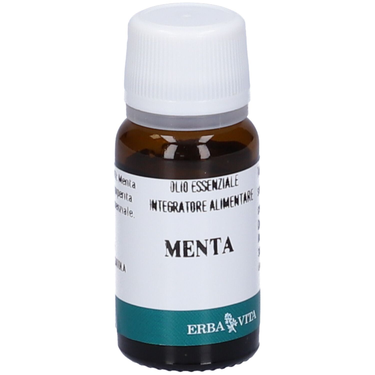Flacone in vetro marrone con tappo bianco. Scritta: Menta, Olio Essenziale, Integratore Alimentare. Marchio: Erba Vita.