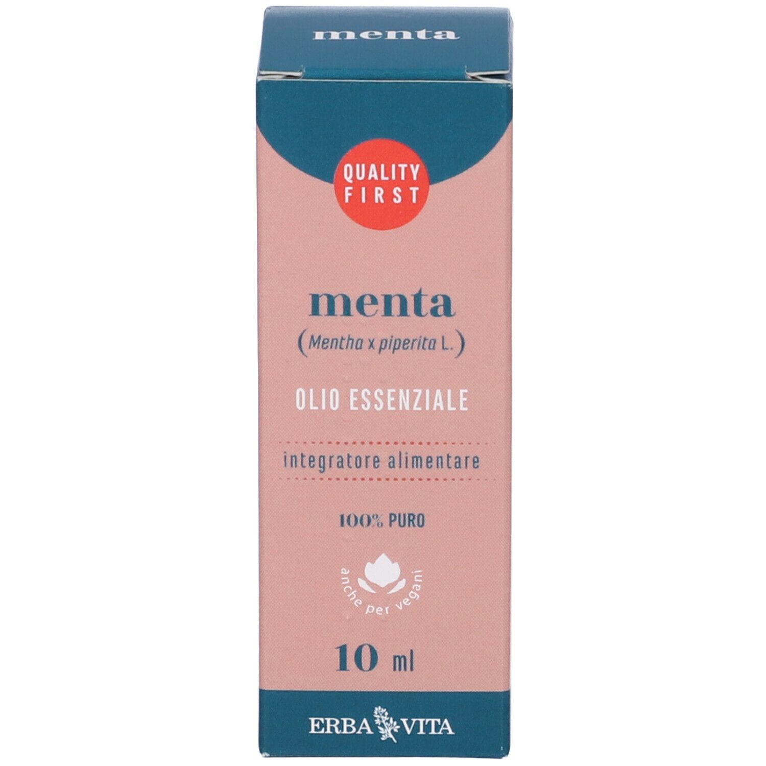Scatola con scritta: Menta, Olio Essenziale, 10 ml. Marchio: Erba Vita. Con marchio di qualità.