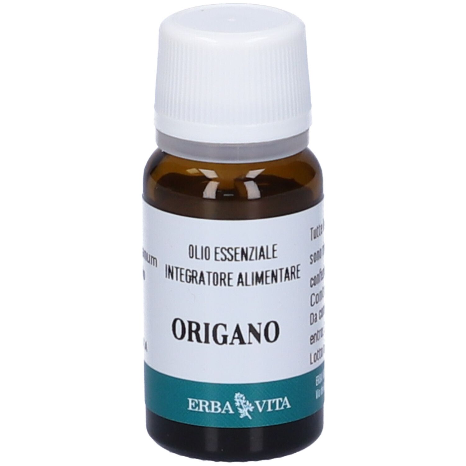 Flacone in vetro marrone, tappo bianco. Etichetta "Origano" e "Olio Essenziale".