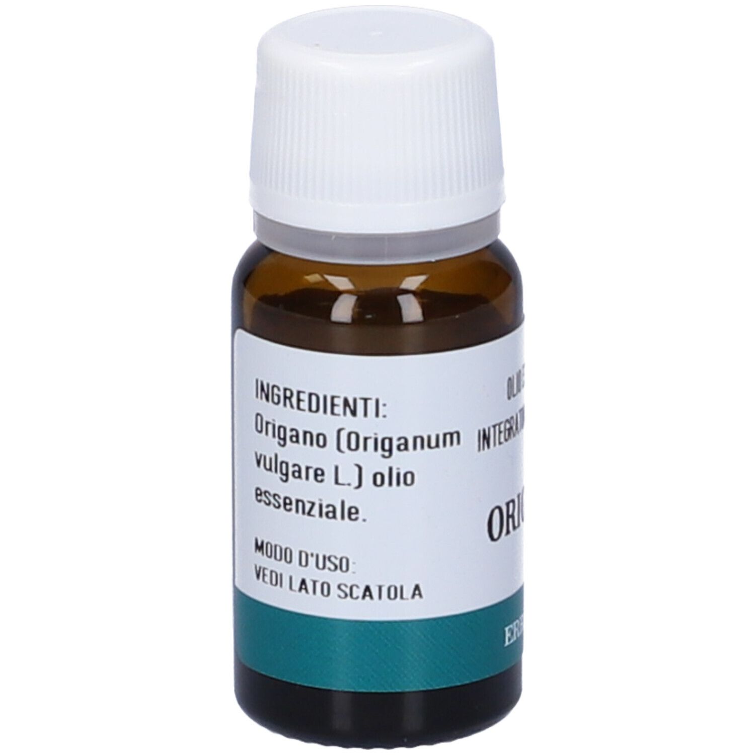 Flacone vetro marrone, tappo bianco. Etichetta con ingredienti: Origano, olio.