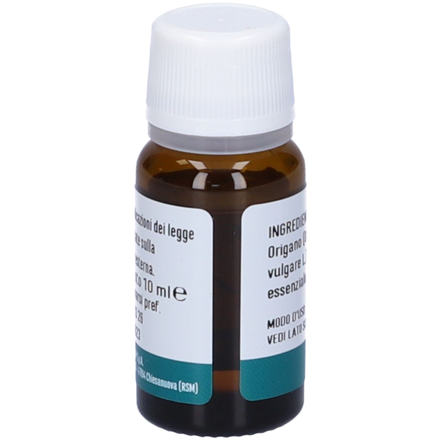 Flacone vetro marrone, tappo bianco. Etichetta con informazioni, 10 ml.