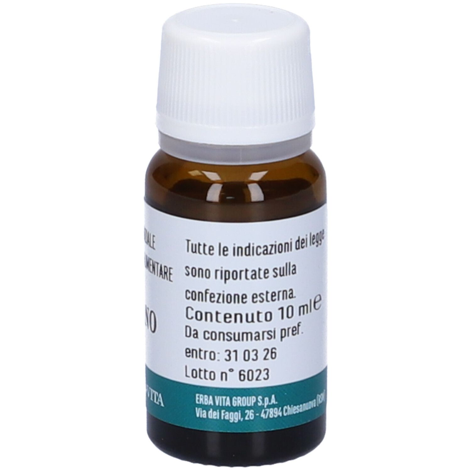 Flacone vetro marrone, tappo bianco. Etichetta con informazioni, 10 ml.