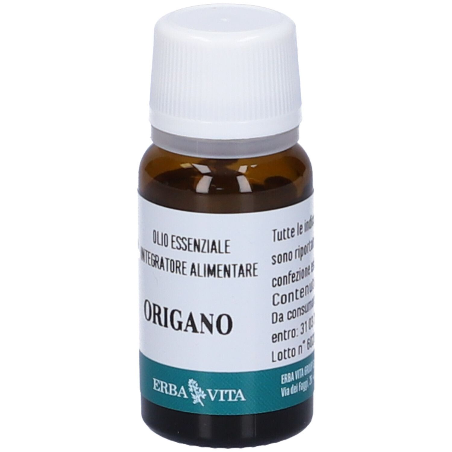 Flacone vetro marrone, tappo bianco. Etichetta con informazioni, 10 ml.