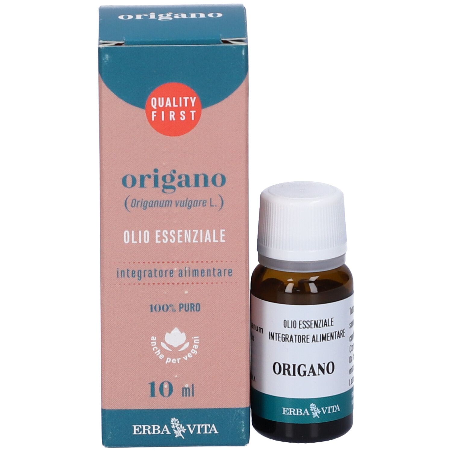 Flacone vetro marrone, tappo bianco. Etichetta "Origano" e "Olio Essenziale".