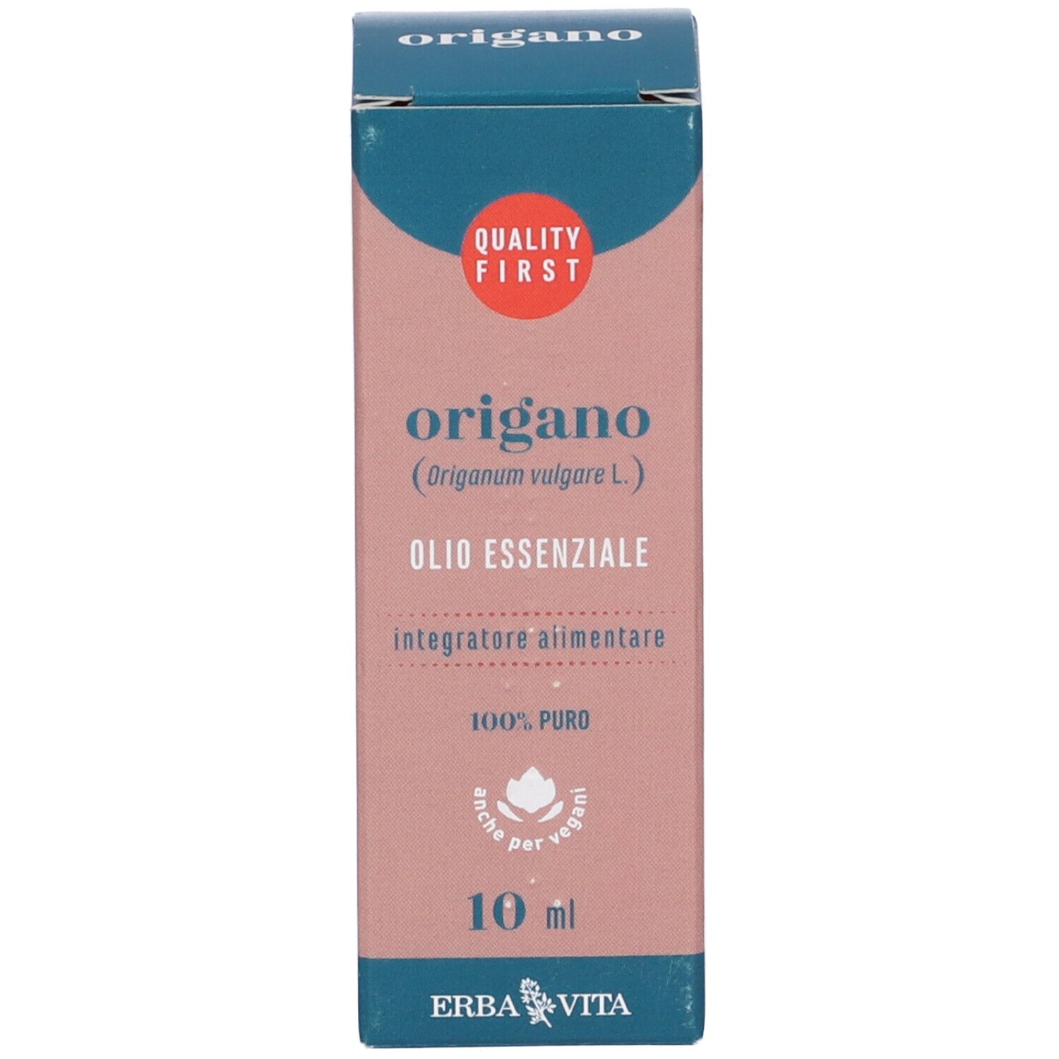 Scatola e flacone. Scatola "Origano", "Olio Essenziale", 10 ml. Flacone accanto.