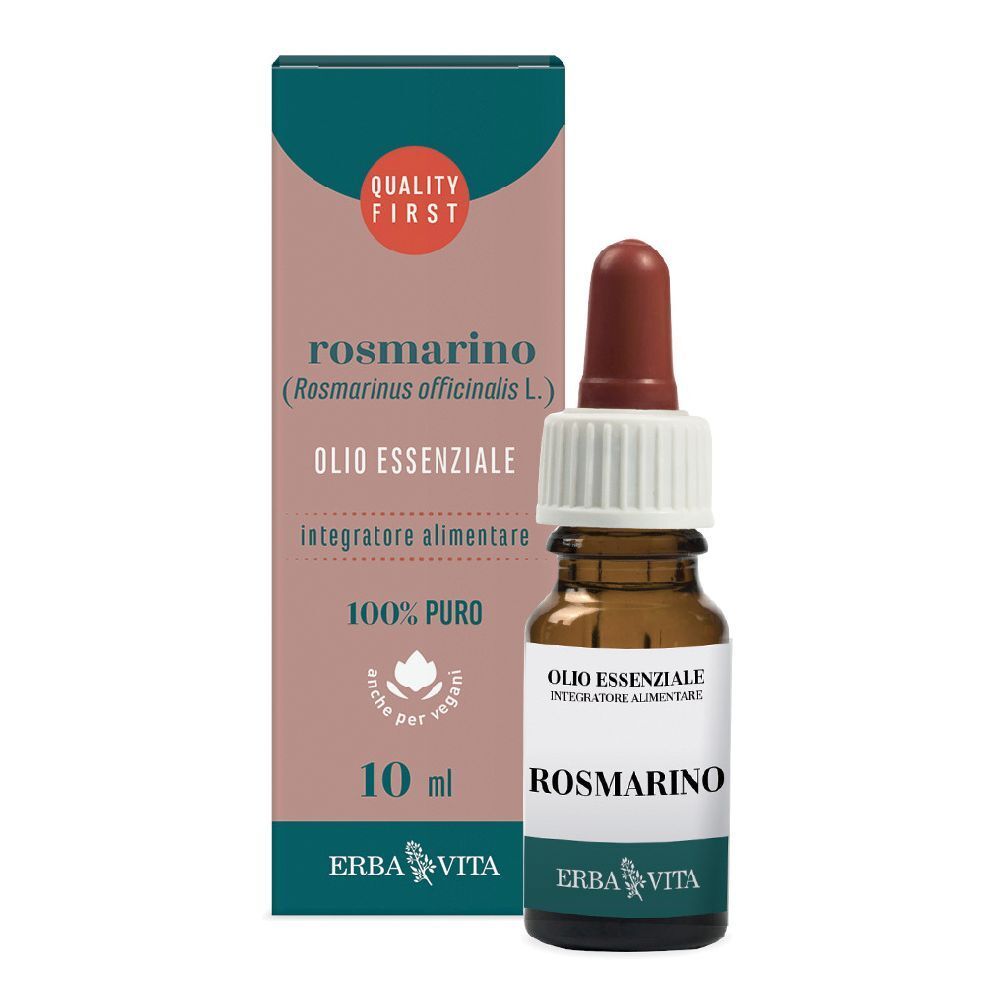 Flacone in vetro marrone con contagocce e confezione. Scritta: Rosmarino, Olio Essenziale, 10 ml. Marchio: Erba Vita.