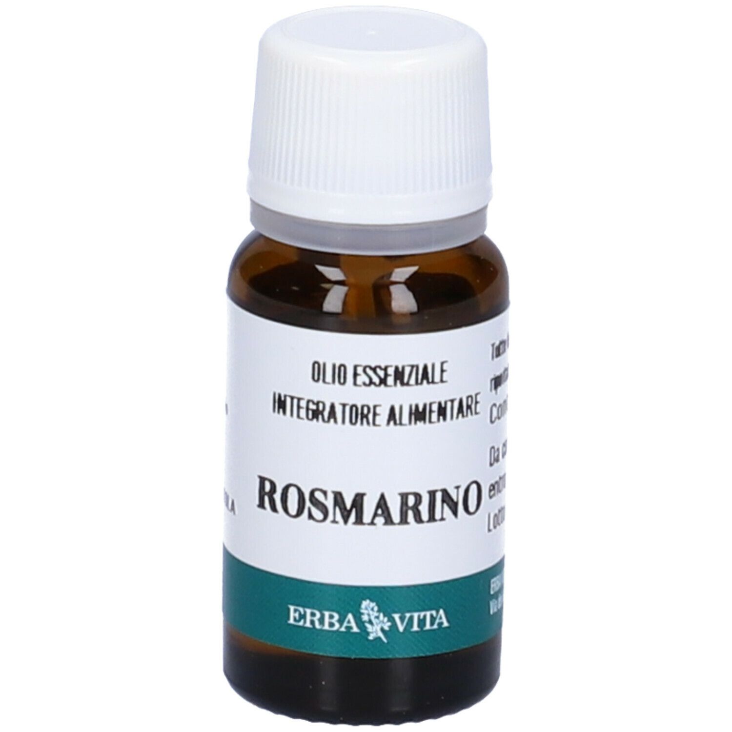 Flacone in vetro marrone con tappo bianco. Scritta: Rosmarino, Olio Essenziale, Integratore Alimentare. Marchio: Erba Vita.