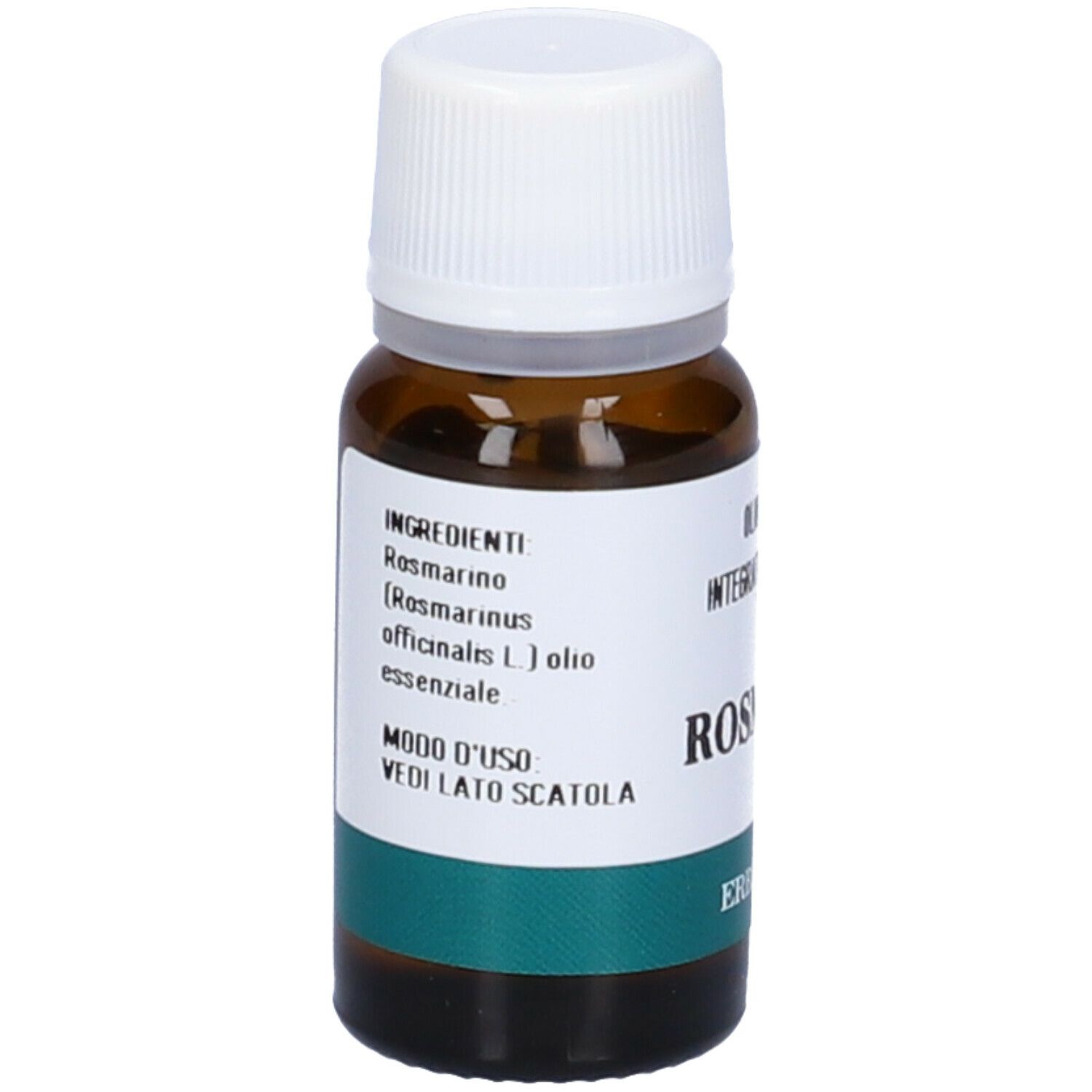 Flacone in vetro marrone con tappo bianco. Scritta: Ingredienti, Rosmarino, Olio essenziale. Modo d'uso: Vedi lato scatola.
