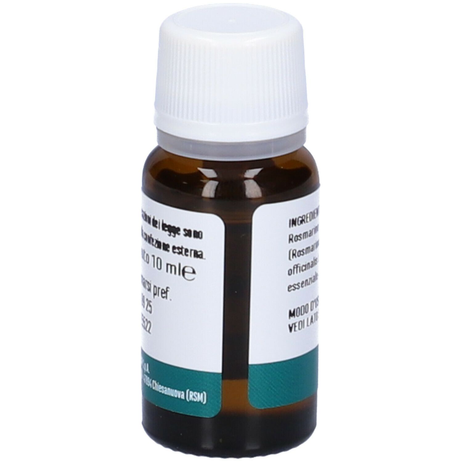 Flacone in vetro marrone con tappo bianco. Scritta: Contenuto 10 ml. Da consumarsi pref. Numero di lotto. Indirizzo del produttore.