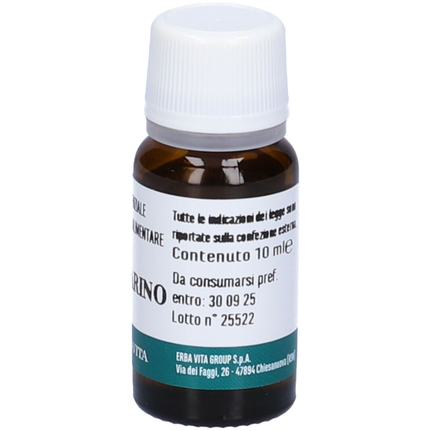 Flacone in vetro marrone con tappo bianco. Scritta: Contenuto 10 ml. Da consumarsi pref. Numero di lotto. Marchio: Erba Vita.