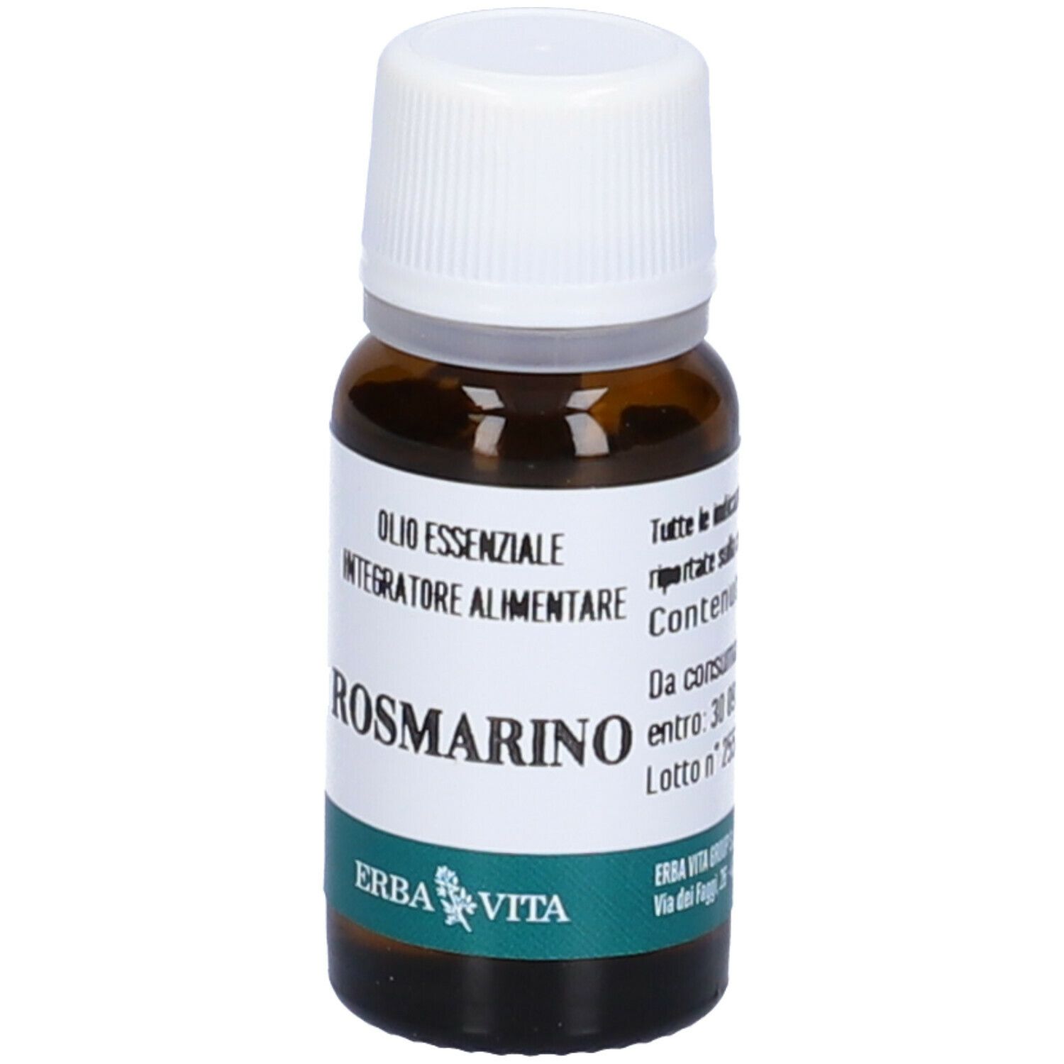 Flacone in vetro marrone con tappo bianco. Scritta: Olio Essenziale, Integratore Alimentare, Rosmarino. Marchio: Erba Vita.