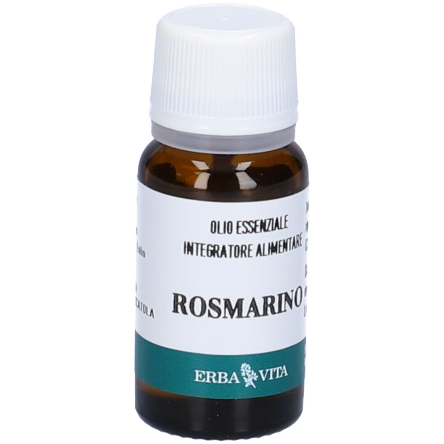 Flacone in vetro marrone con tappo bianco. Scritta: Olio Essenziale, Integratore Alimentare, Rosmarino. Marchio: Erba Vita.