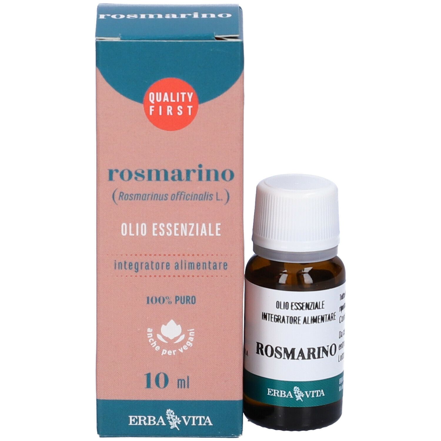 Flacone in vetro marrone con tappo bianco e confezione. Scritta: Rosmarino, Olio Essenziale, 10 ml. Marchio: Erba Vita.