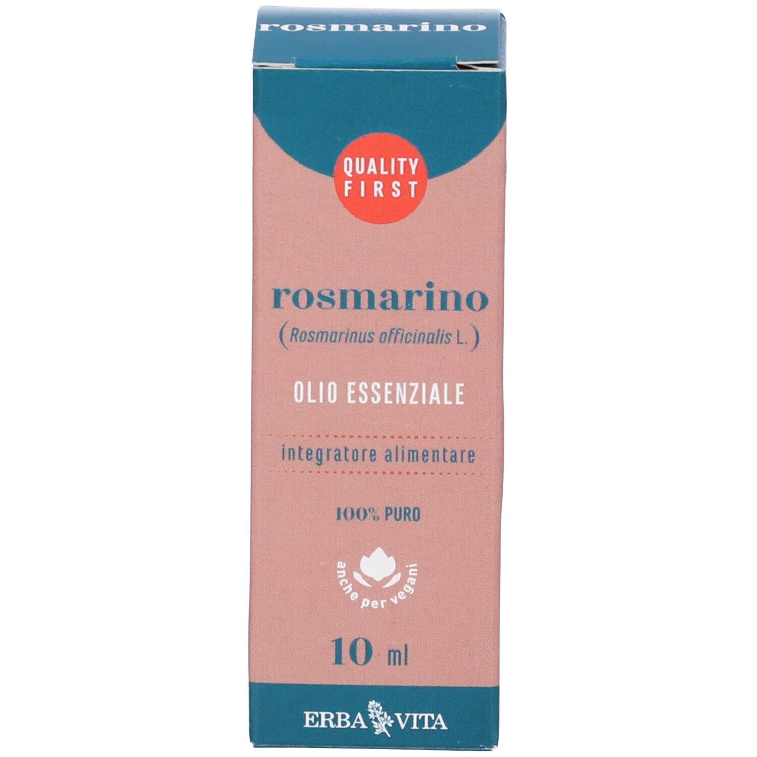 Confezione con scritta: Rosmarino, Olio Essenziale, 10 ml. Marchio: Erba Vita. Logo: Quality First.