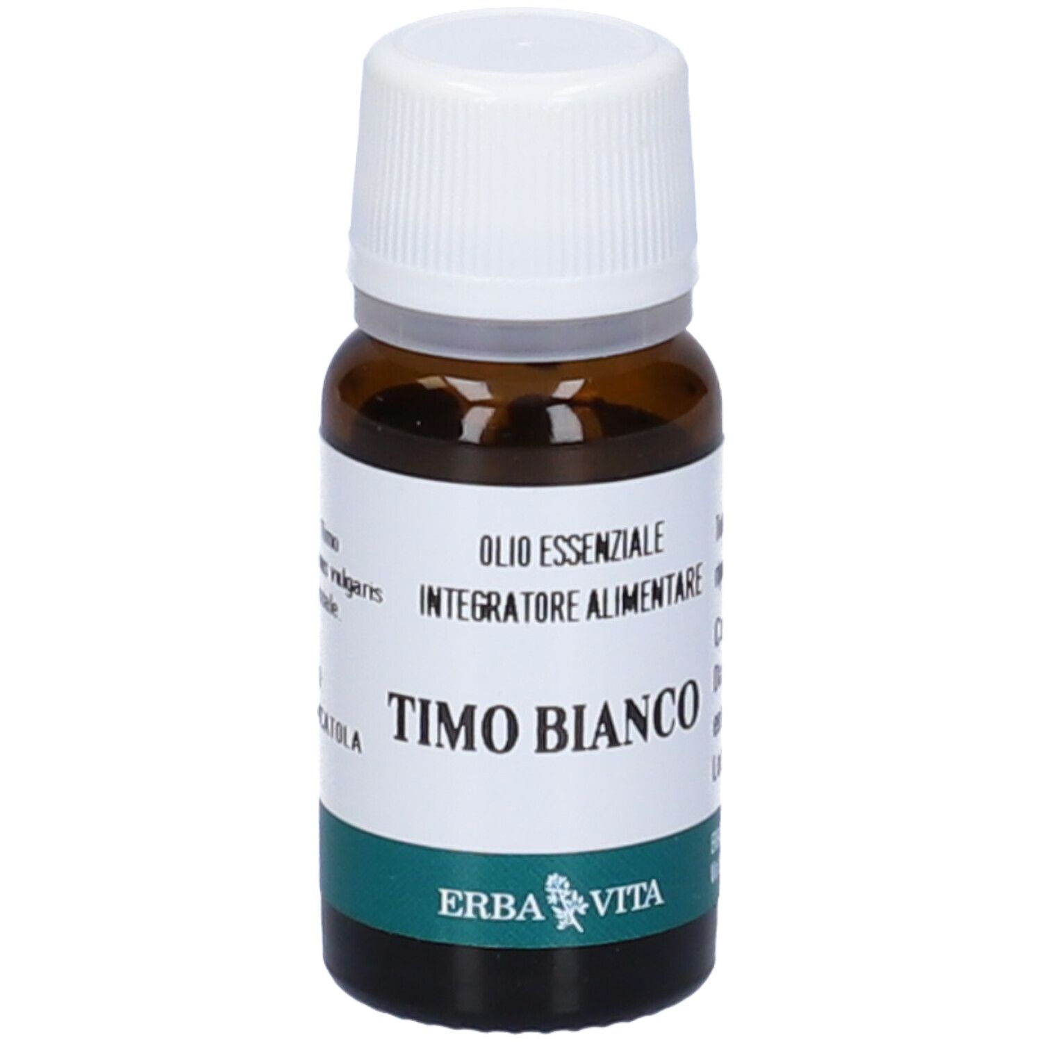 Braune Glasflasche mit weißem Deckel. Aufschrift: Timo Bianco, Olio Essenziale, Erba Vita Logo.