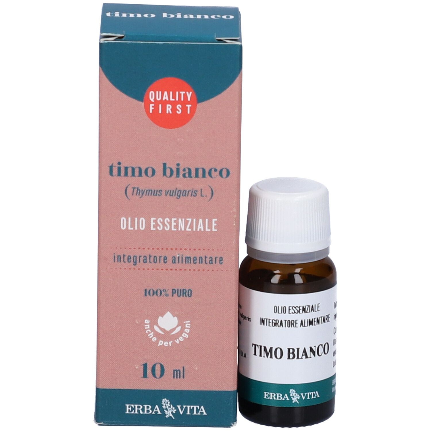 Produktverpackung und Flasche. Aufschrift: Timo Bianco, Olio Essenziale, 10 ml, Erba Vita Logo.