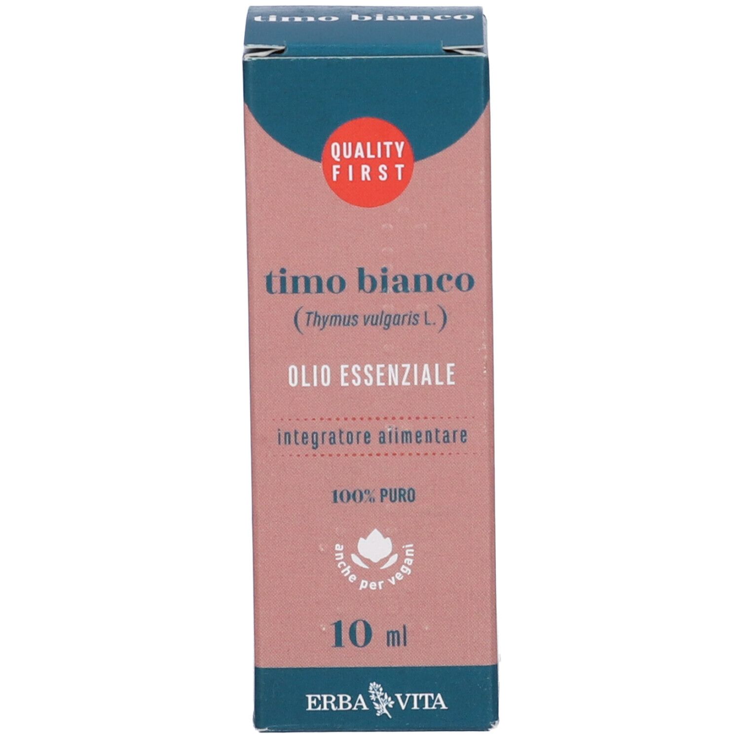 Produktverpackung. Aufschrift: Timo Bianco, Olio Essenziale, 10 ml, Erba Vita Logo.