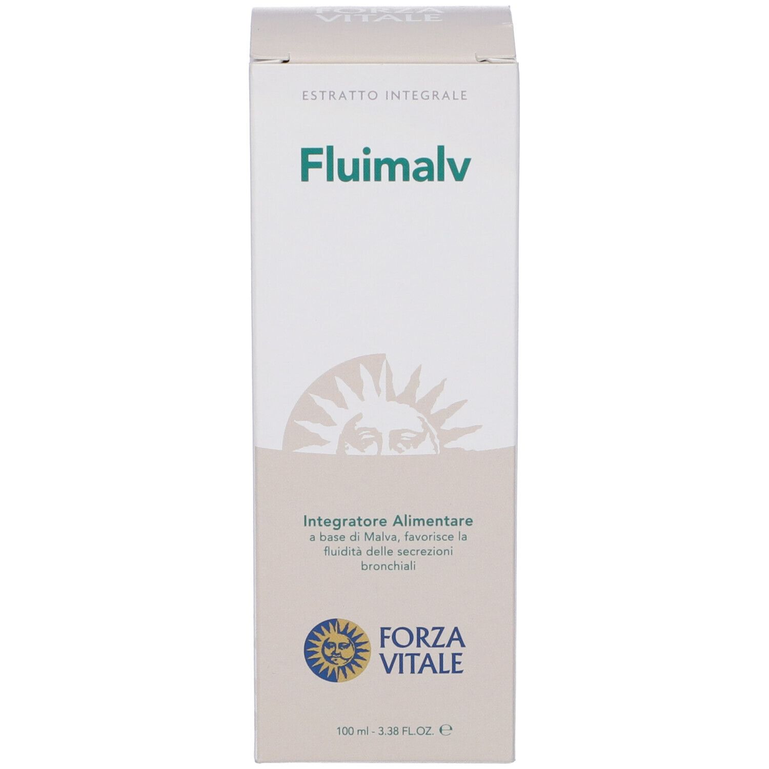 Scatola bianca con scritta Fluimalv e logo. Testo: Integratore Alimentare.