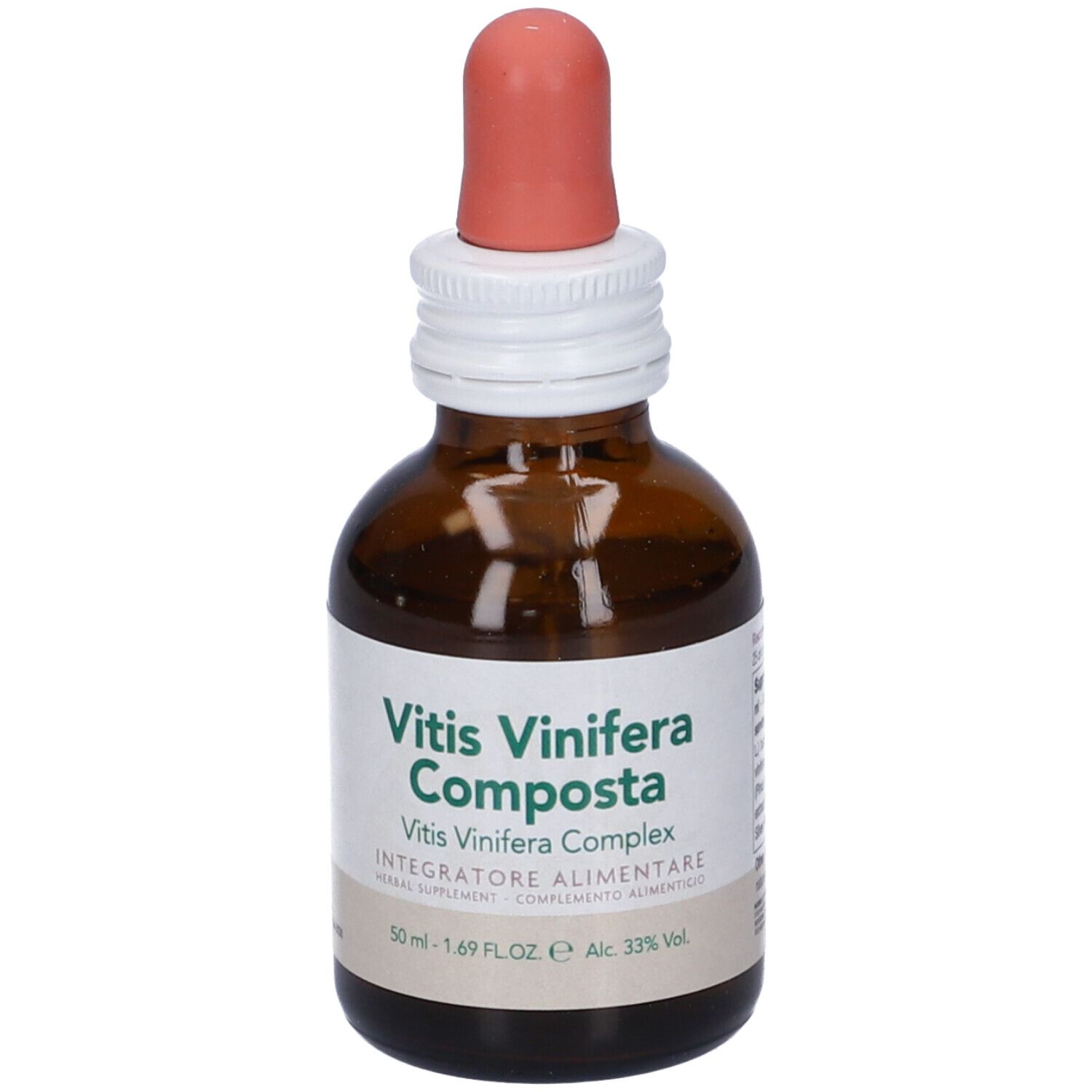 Flacone di vetro marrone con contagocce. Scritta: Vitis Vinifera Composta. Integratore alimentare. 50 ml.