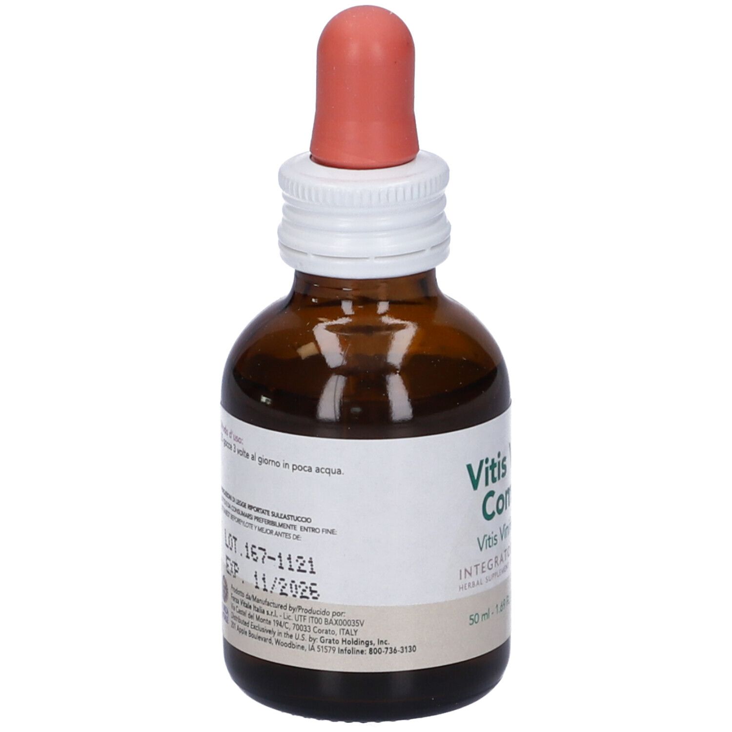 Flacone di vetro marrone con contagocce. Scritta: Vitis Vinifera Composta. Integratore alimentare. 50 ml.